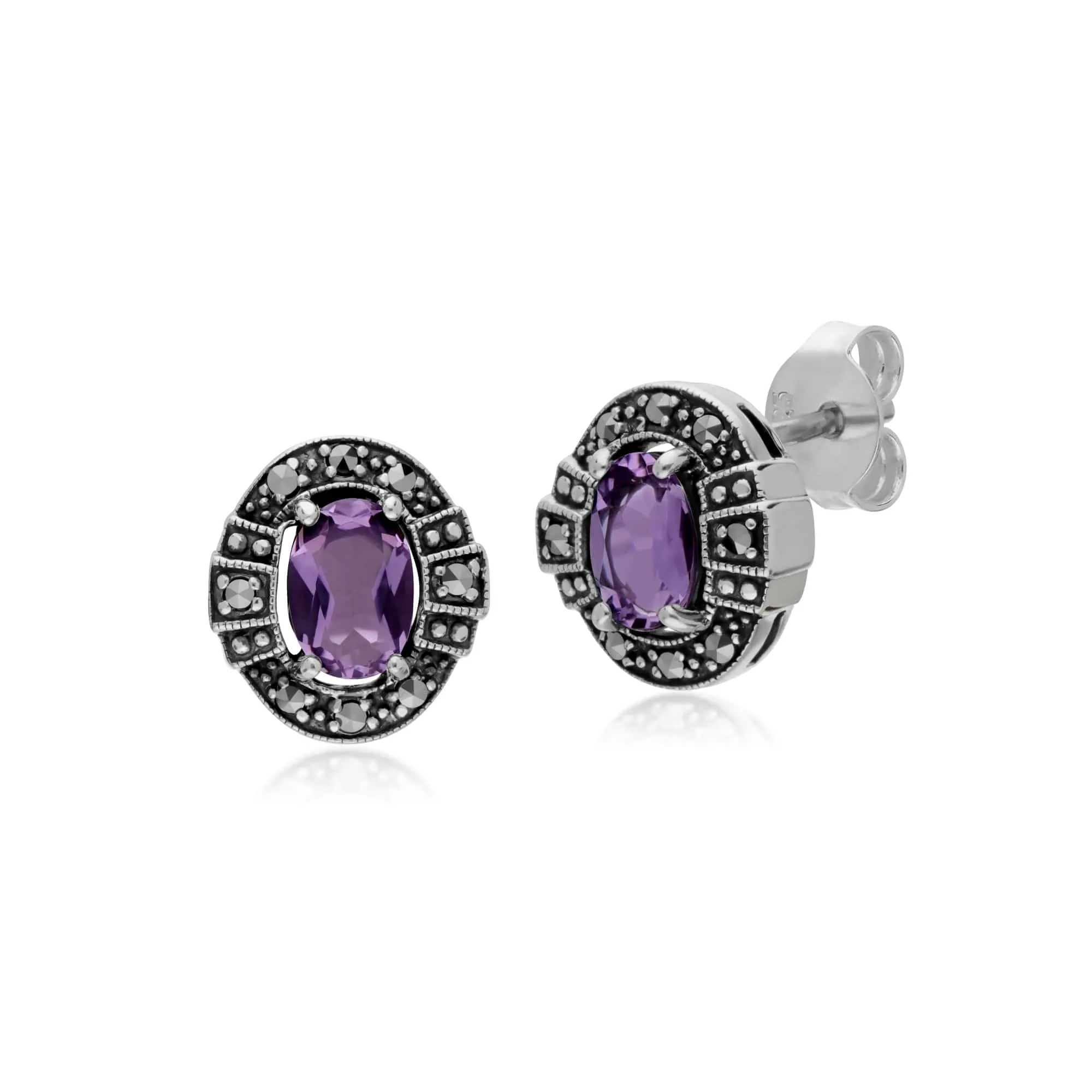 Art Deco Style Oval Amethyst and Marcasite Cluster Stud Earrings & Bracelet Set in 925 Sterling Silver sold by Gemondo Jewellery product image thumbnail 2