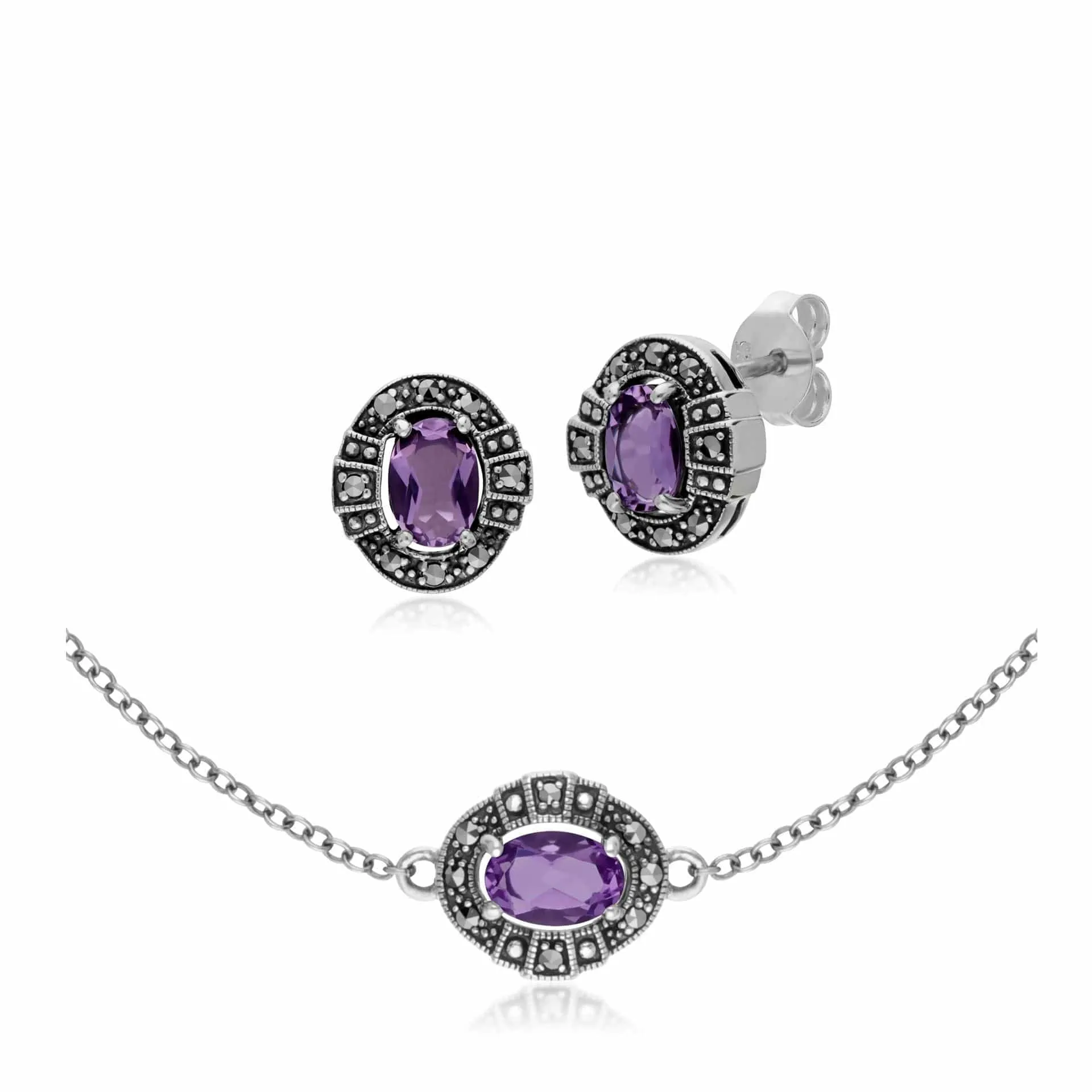 Art Deco Style Oval Amethyst and Marcasite Cluster Stud Earrings & Bracelet Set in 925 Sterling Silver sold by Gemondo Jewellery