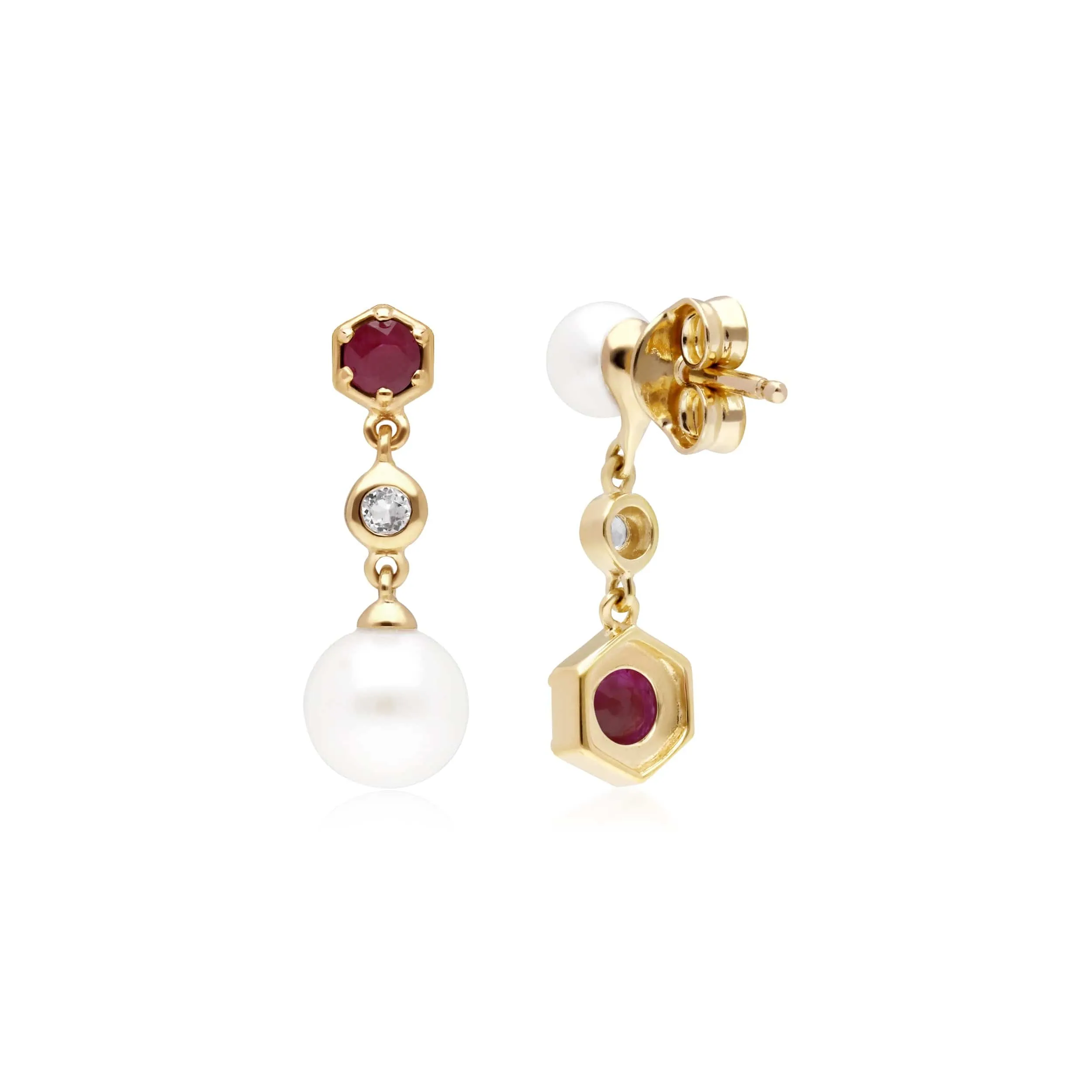 Modern Pearl, Ruby & Topaz Mismatched Drop Earrings in Gold Plated Silver sold by Gemondo Jewellery product image thumbnail 2