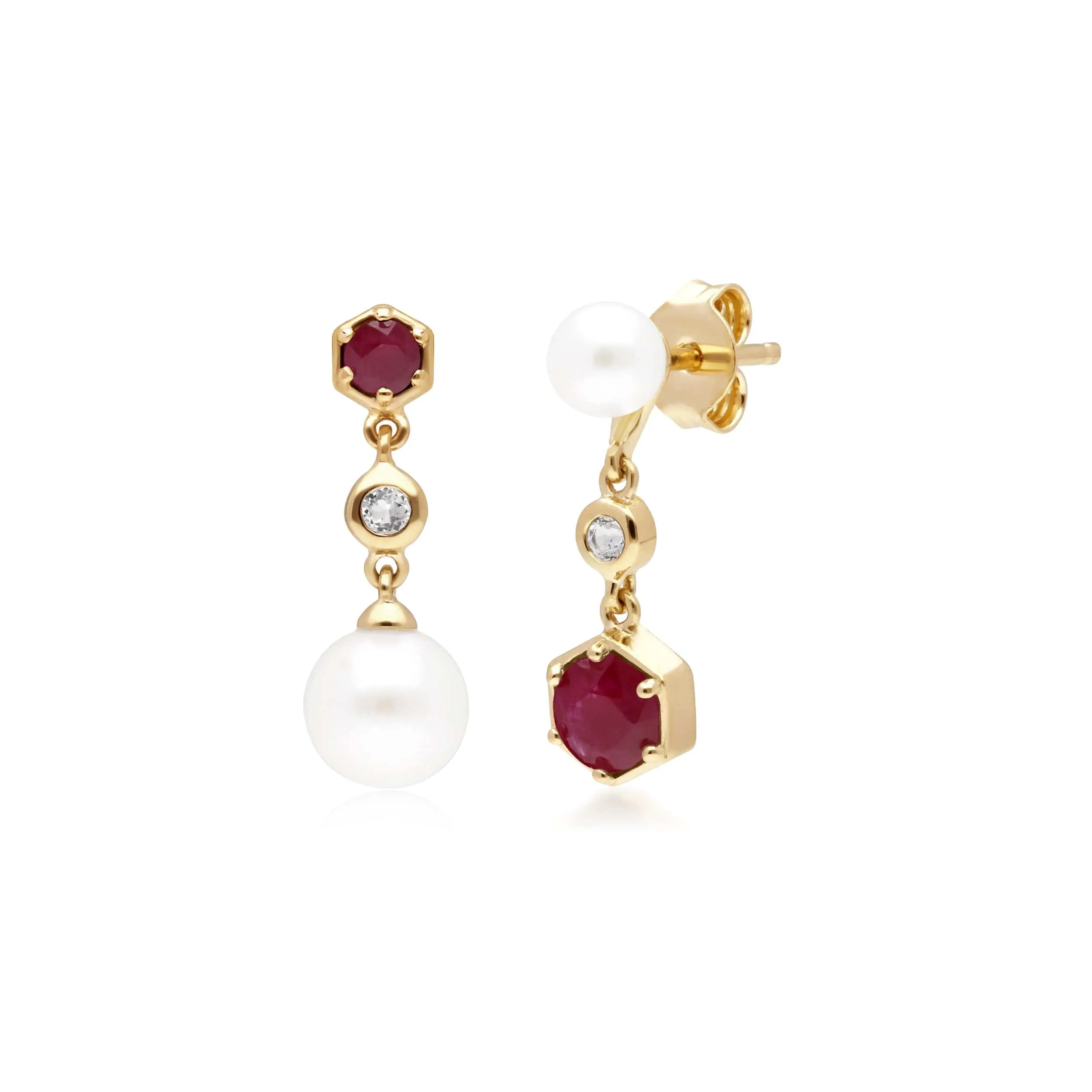 Modern Pearl, Ruby & Topaz Mismatched Drop Earrings in Gold Plated Silver sold by Gemondo Jewellery