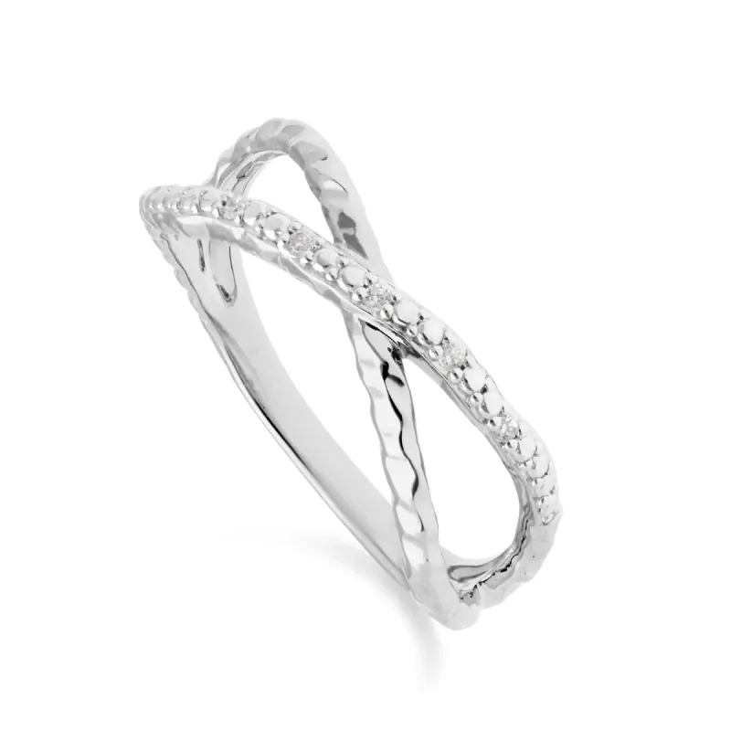 Diamond Pavé Hammered Crossover Ring in 9ct White Gold sold by Gemondo Jewellery
