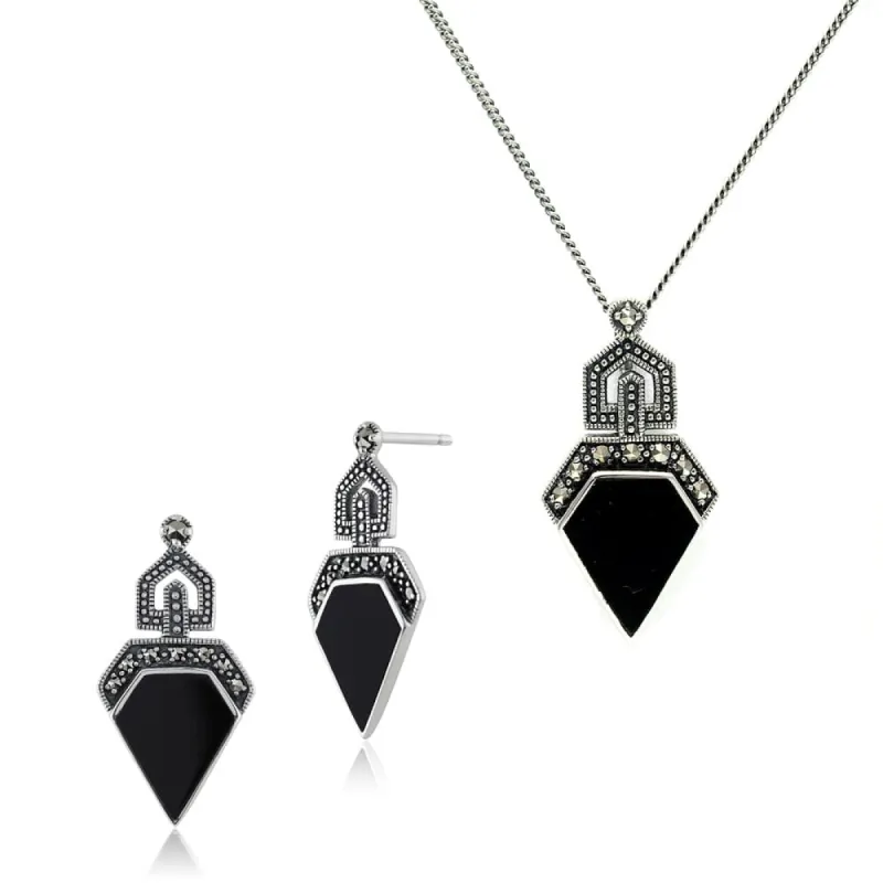Art Deco Style Style Black Onyx & Round Marcasite Stud Drop Earrings & Pendant Set in 925 Sterling Silver sold by Gemondo Jewellery