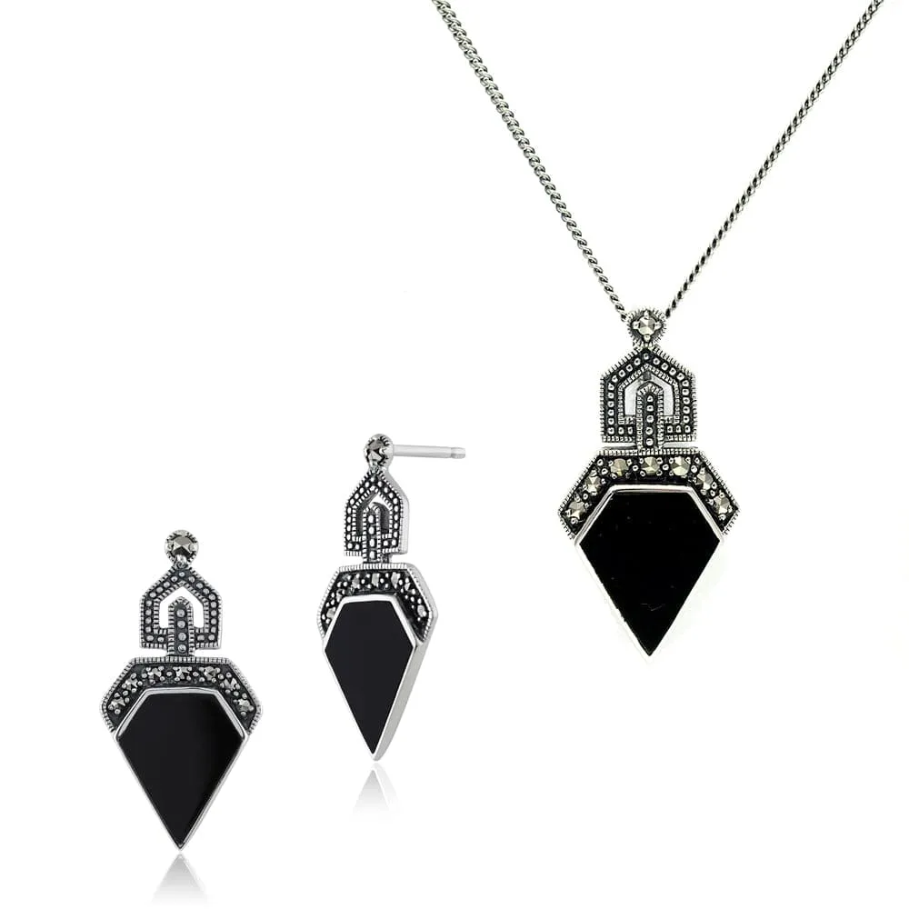 Art Deco Style Style Black Onyx & Round Marcasite Stud Drop Earrings & Pendant Set in 925 Sterling Silver sold by Gemondo Jewellery