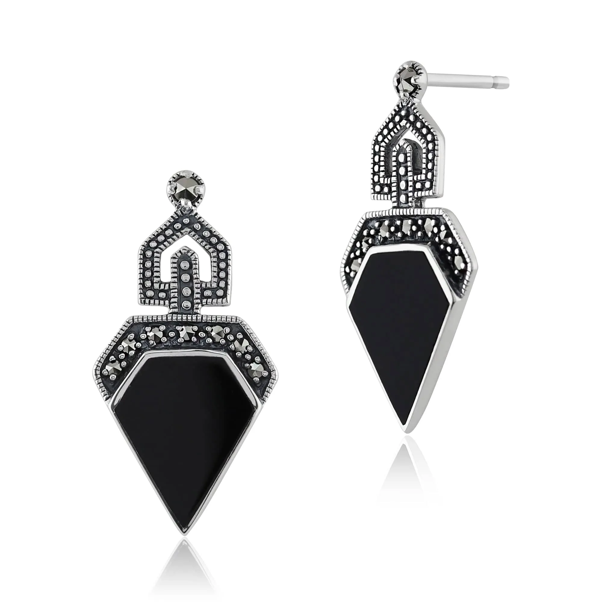 Art Deco Style Style Black Onyx & Round Marcasite Stud Drop Earrings & Pendant Set in 925 Sterling Silver sold by Gemondo Jewellery product image thumbnail 2