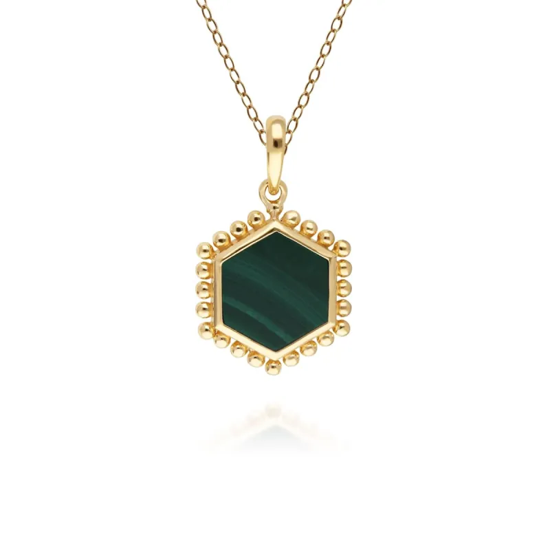 Malachite Flat Slice Hex Pendant in Gold Plated Silver sold by Gemondo Jewellery