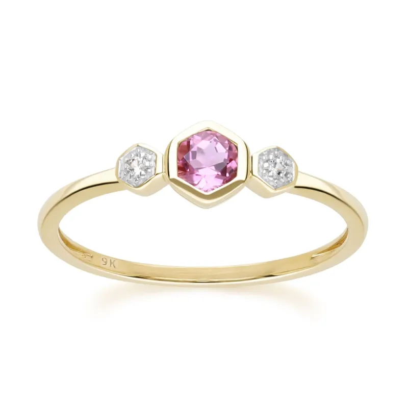Geometric Round Pink Tourmaline and Sapphire Ring in 9ct Yellow Gold sold by Gemondo Jewellery