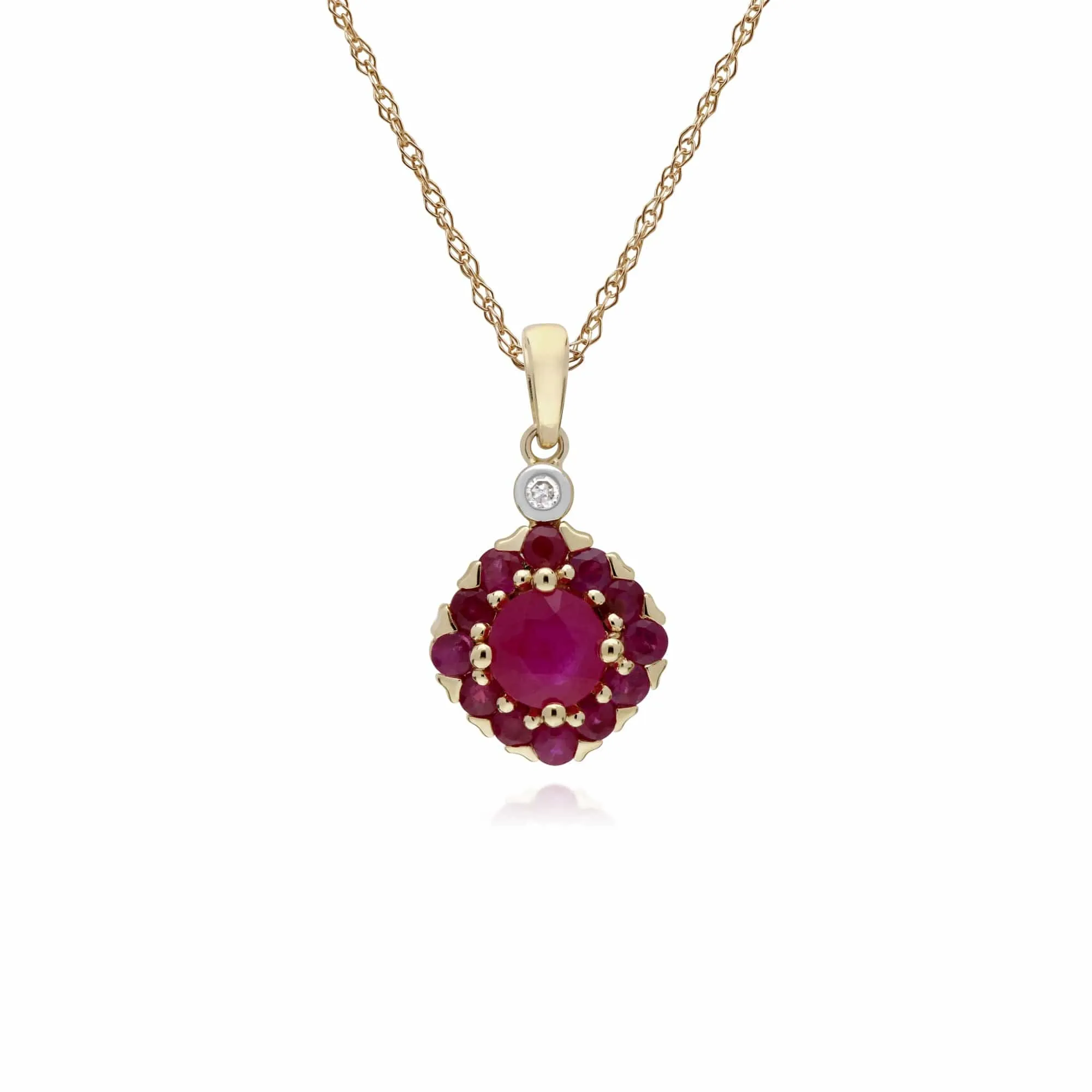 Gemondo 9ct Yellow Gold Ruby & Diamond Square Cluster Pendant on 45cm Chain sold by Gemondo Jewellery
