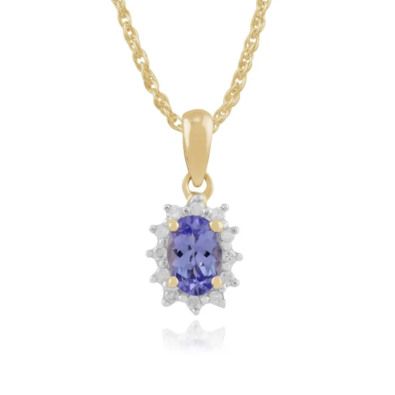 9ct Yellow Gold 0.43ct Tanzanite & Diamond Oval Cluster Pendant on Chain sold by Gemondo Jewellery