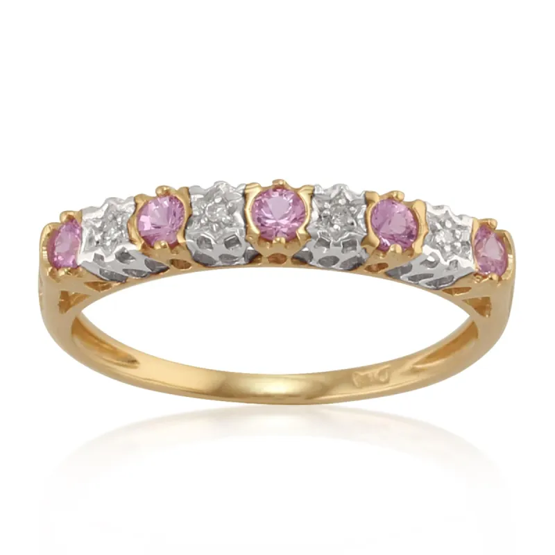 Classic Round Pink Sapphire & Diamond Half Eternity Ring in 9ct Yellow Gold sold by Gemondo Jewellery