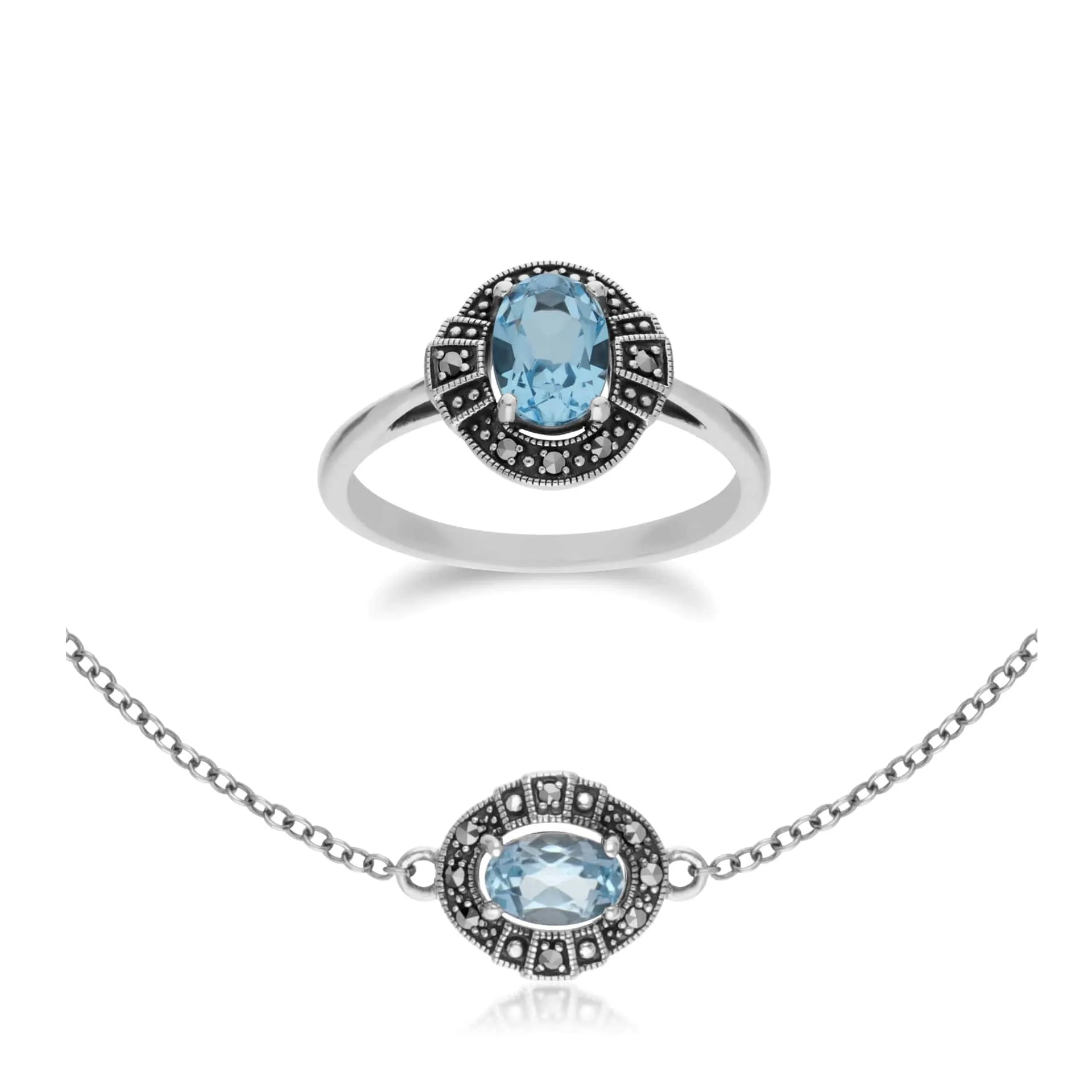 Art Deco Style Oval Blue Topaz and Marcasite Cluster Silver Ring & Bracelet Set sold by Gemondo Jewellery
