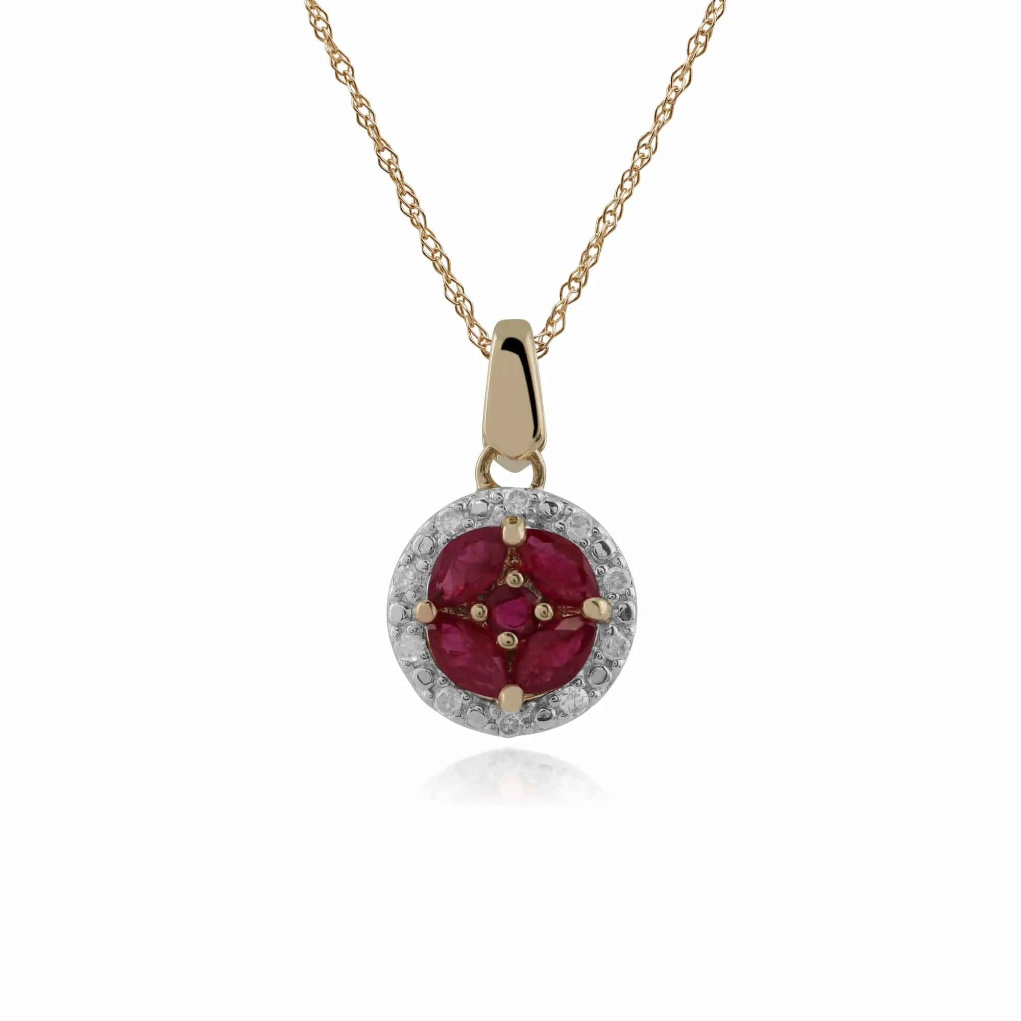 Classic Marquise Ruby & Diamond Halo Cluster Pendant in 9ct Yellow Gold sold by Gemondo Jewellery