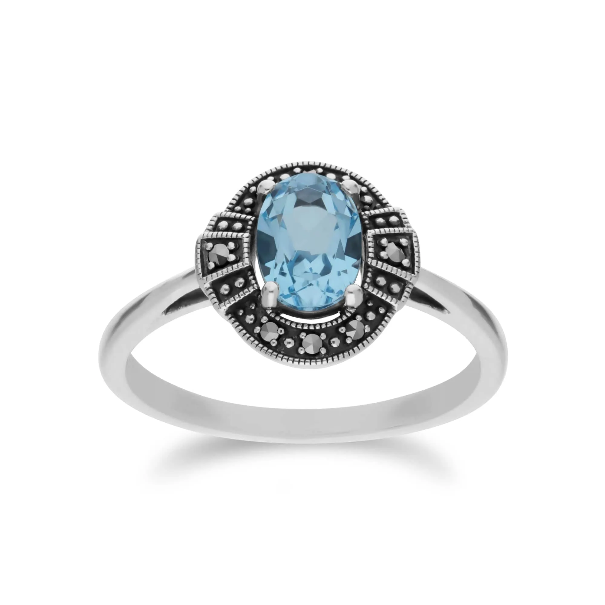 Art Deco Style Oval Blue Topaz and Marcasite Cluster Silver Ring & Bracelet Set sold by Gemondo Jewellery product image thumbnail 3