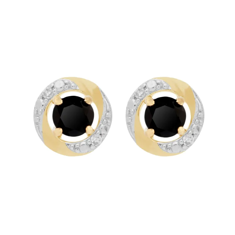 Classic Round Black Onyx Stud Earrings with Detachable Diamond Halo Ear Jacket in 9ct Yellow Gold sold by Gemondo Jewellery
