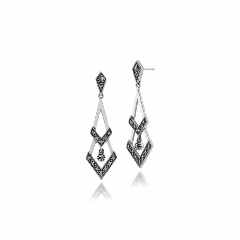 Art Deco Style Round Marcasite Open Work Triangular Drop Earrings in 925 Sterling Silver sold by Gemondo Jewellery