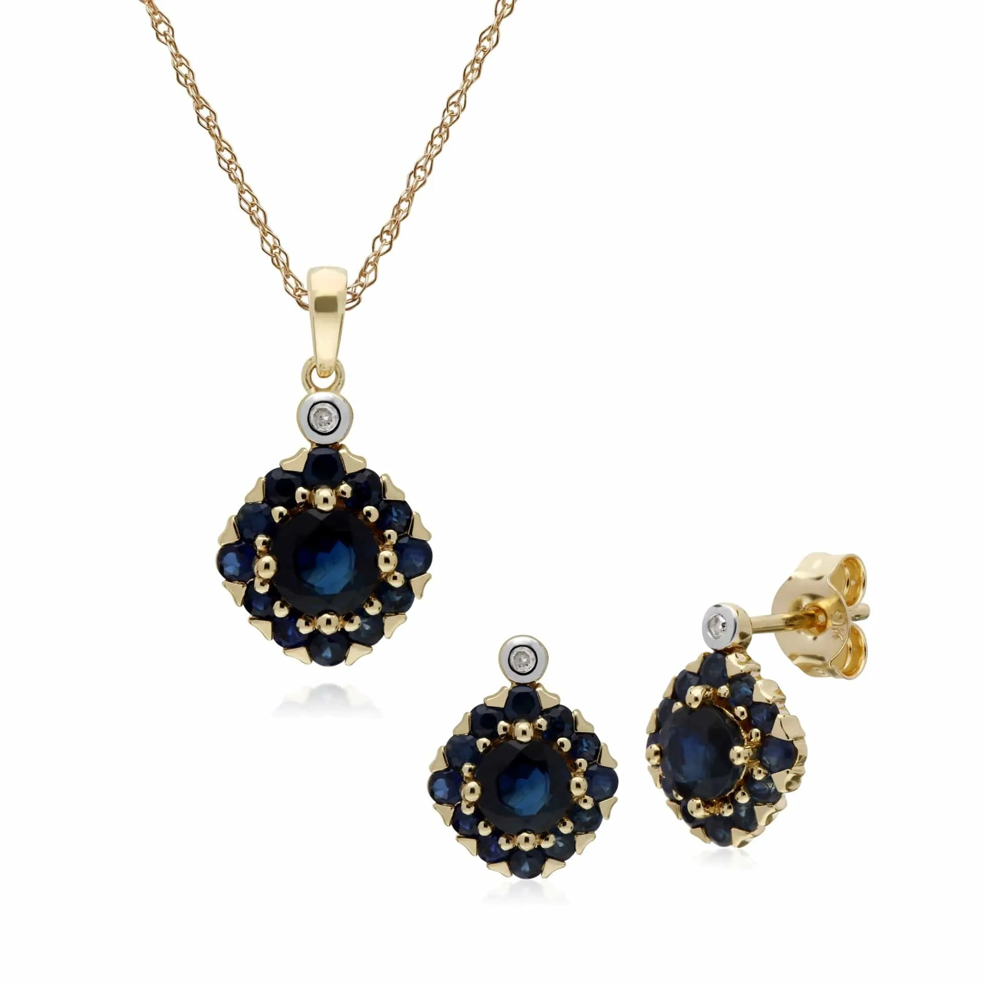 Classic Round Sapphire & Diamond Square Cluster Stud Earrings & Pendant Set in 9ct Yellow Gold sold by Gemondo Jewellery