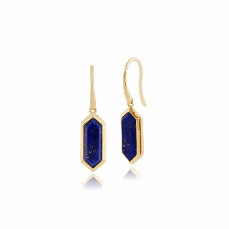 Geometric Hexagon Lapis Lazuli Prism Drop Earrings in Gold Plated Silver sold by Gemondo Jewellery