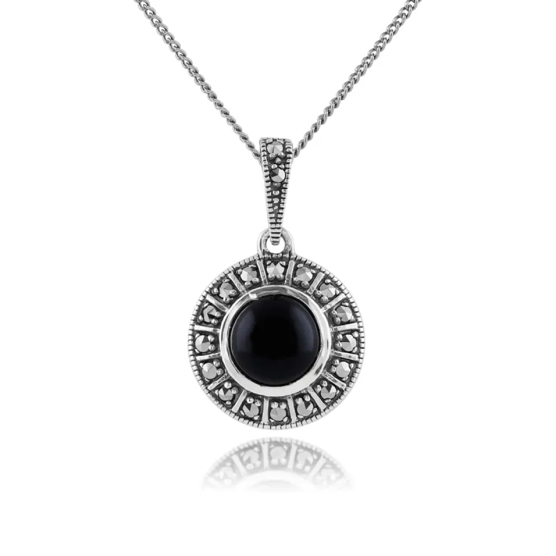Art Deco Style Round Black Onyx Cabochon & Marcasite Pendant In Sterling Silver sold by Gemondo Jewellery
