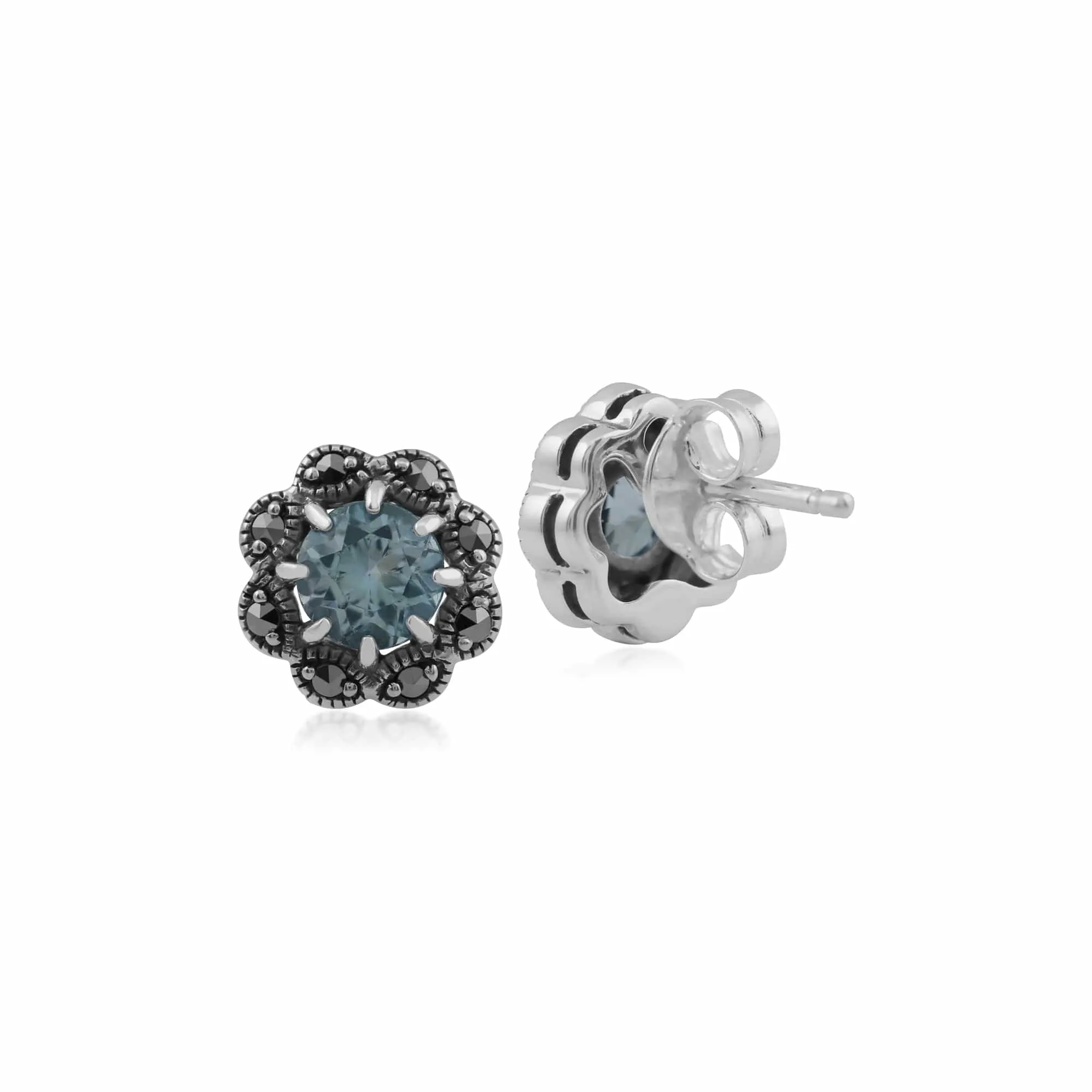 Floral Round Blue Topaz & Marcasite Cluster Stud Earrings in 925 Sterling Silver sold by Gemondo Jewellery product image thumbnail 2
