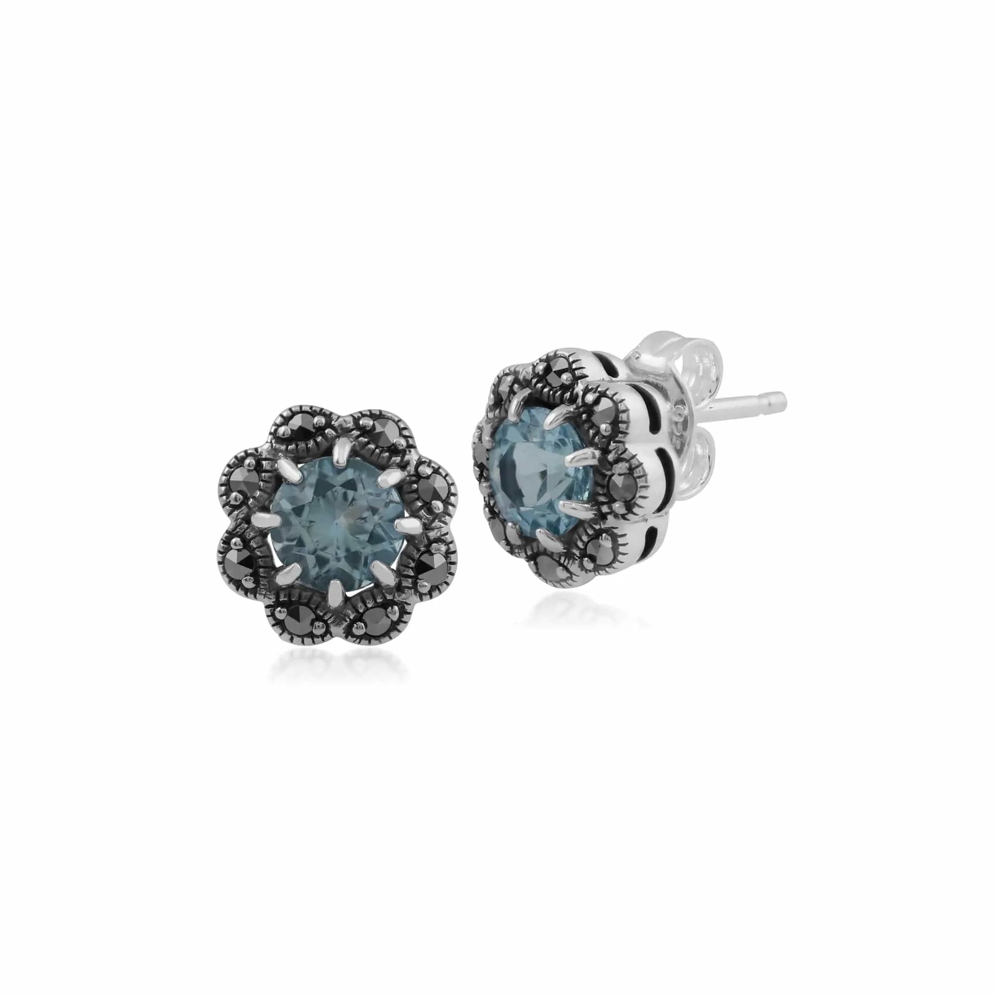 Floral Round Blue Topaz & Marcasite Cluster Stud Earrings in 925 Sterling Silver sold by Gemondo Jewellery