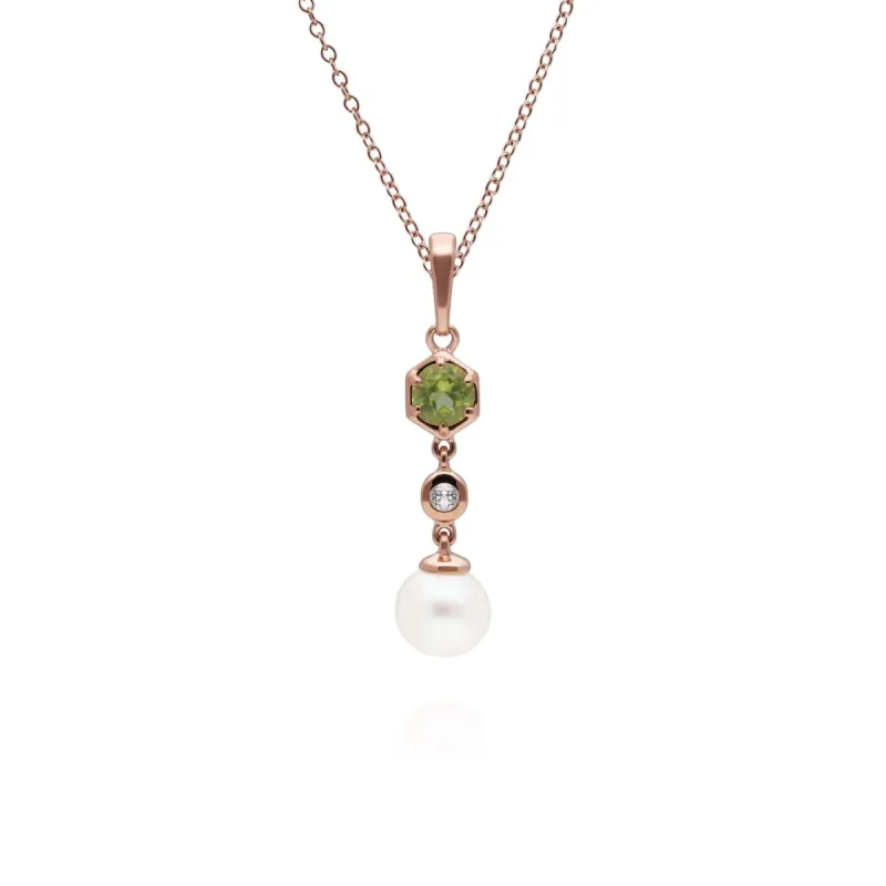 Modern Pearl, Peridot & Topaz Drop Pendant in Rose Gold Plated Silver sold by Gemondo Jewellery
