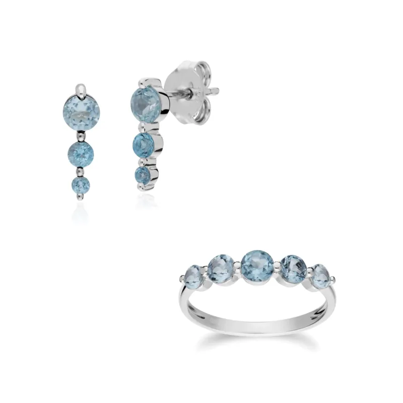 Classic Round Blue Topaz Three Stone Gradient Earrings & Five Stone Ring Set in 925 Sterling Silver sold by Gemondo Jewellery