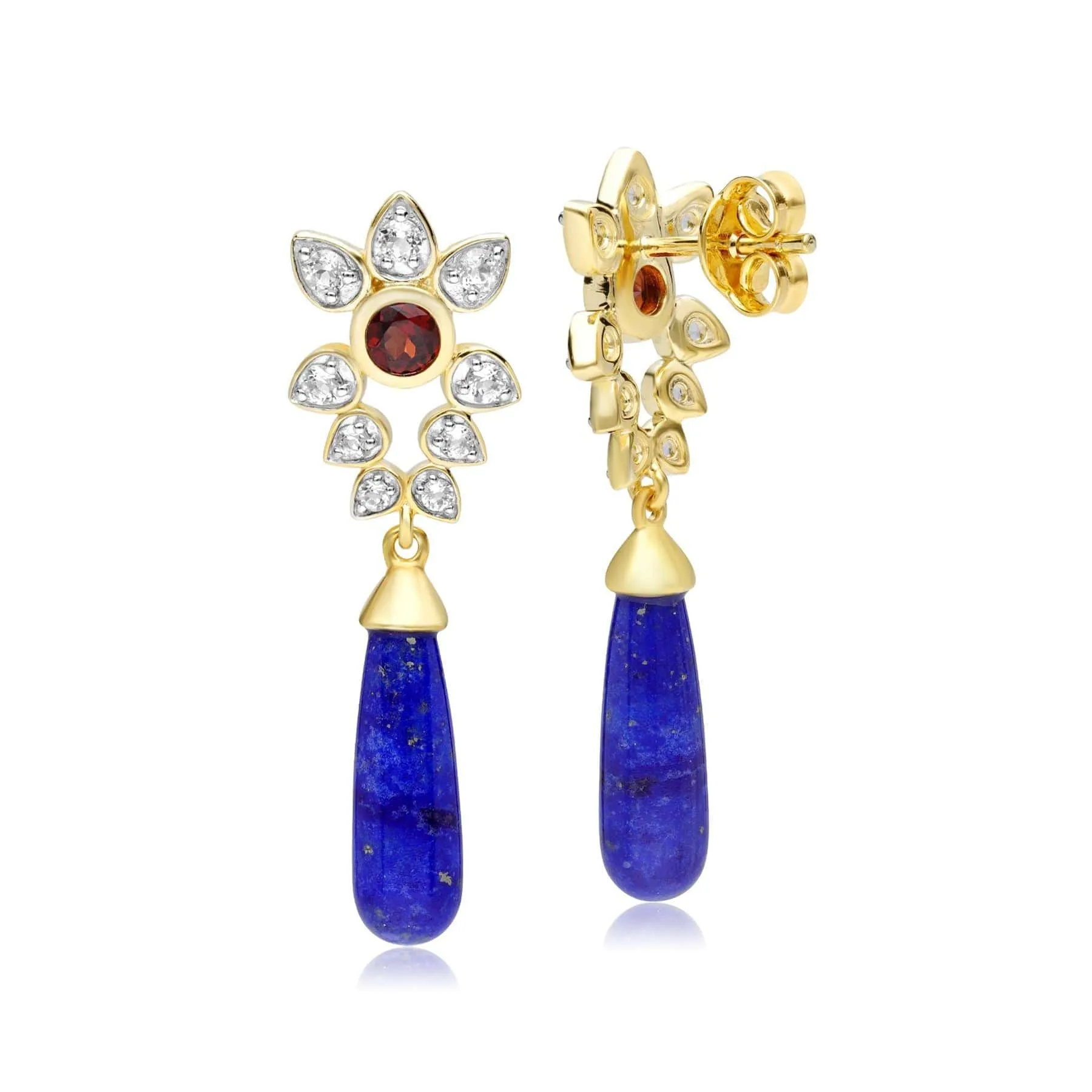 ECFEW™ Creator Lapis Lazuli, White Topaz & Garnet Floral Dangle Drop Earrings in Gold Plated Sterling Silver sold by Gemondo Jewellery product image thumbnail 2
