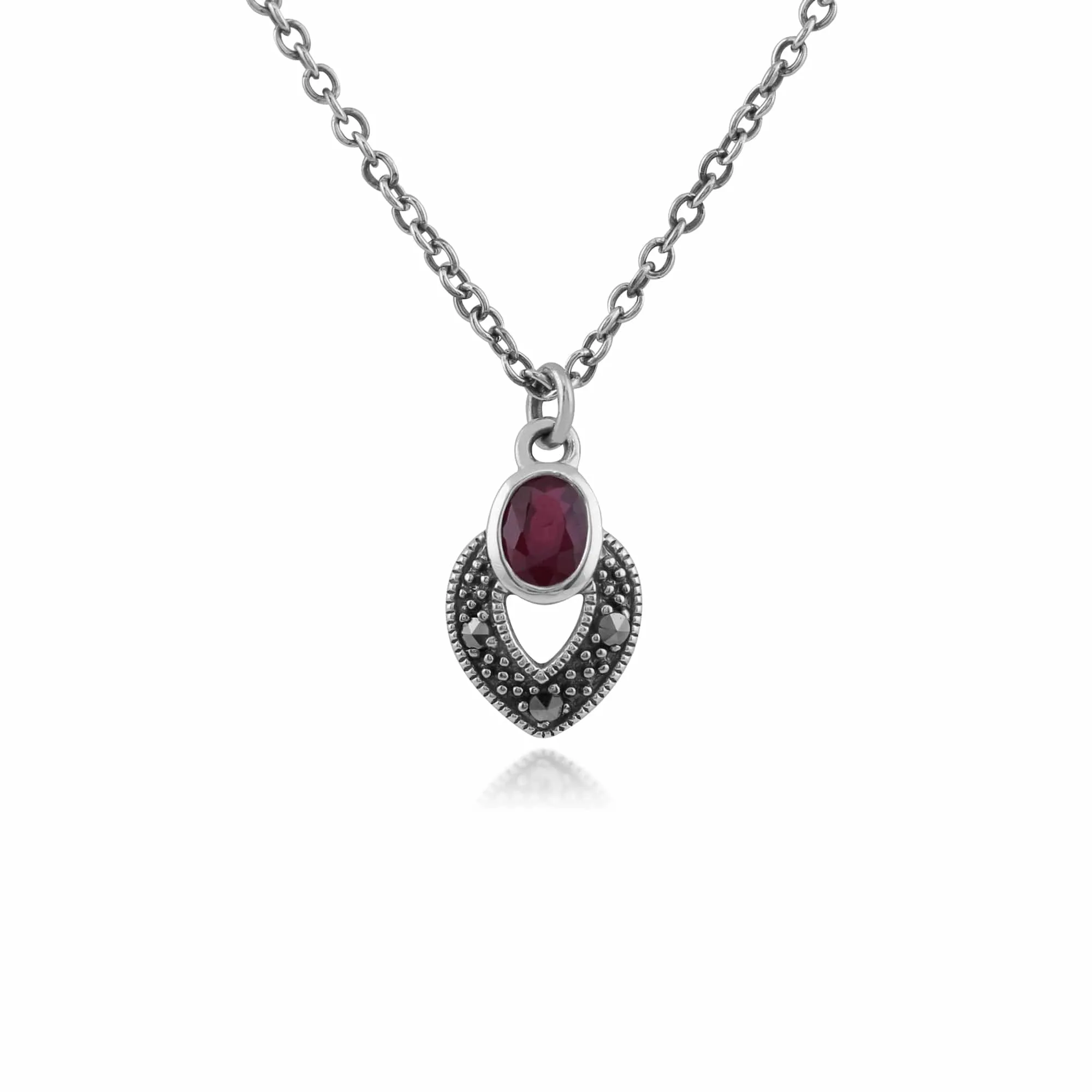 Art Deco Style Oval Ruby & Marcasite Stud Earrings & Pendant Set in 925 Sterling Silver sold by Gemondo Jewellery product image thumbnail 3