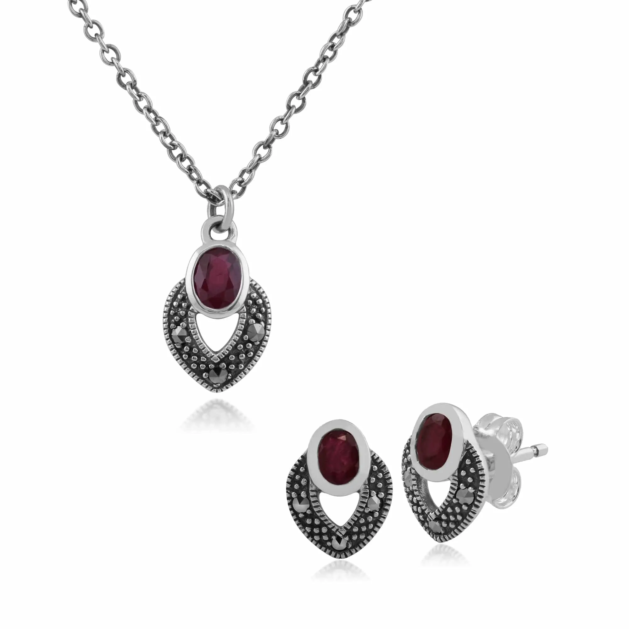 Art Deco Style Oval Ruby & Marcasite Stud Earrings & Pendant Set in 925 Sterling Silver sold by Gemondo Jewellery