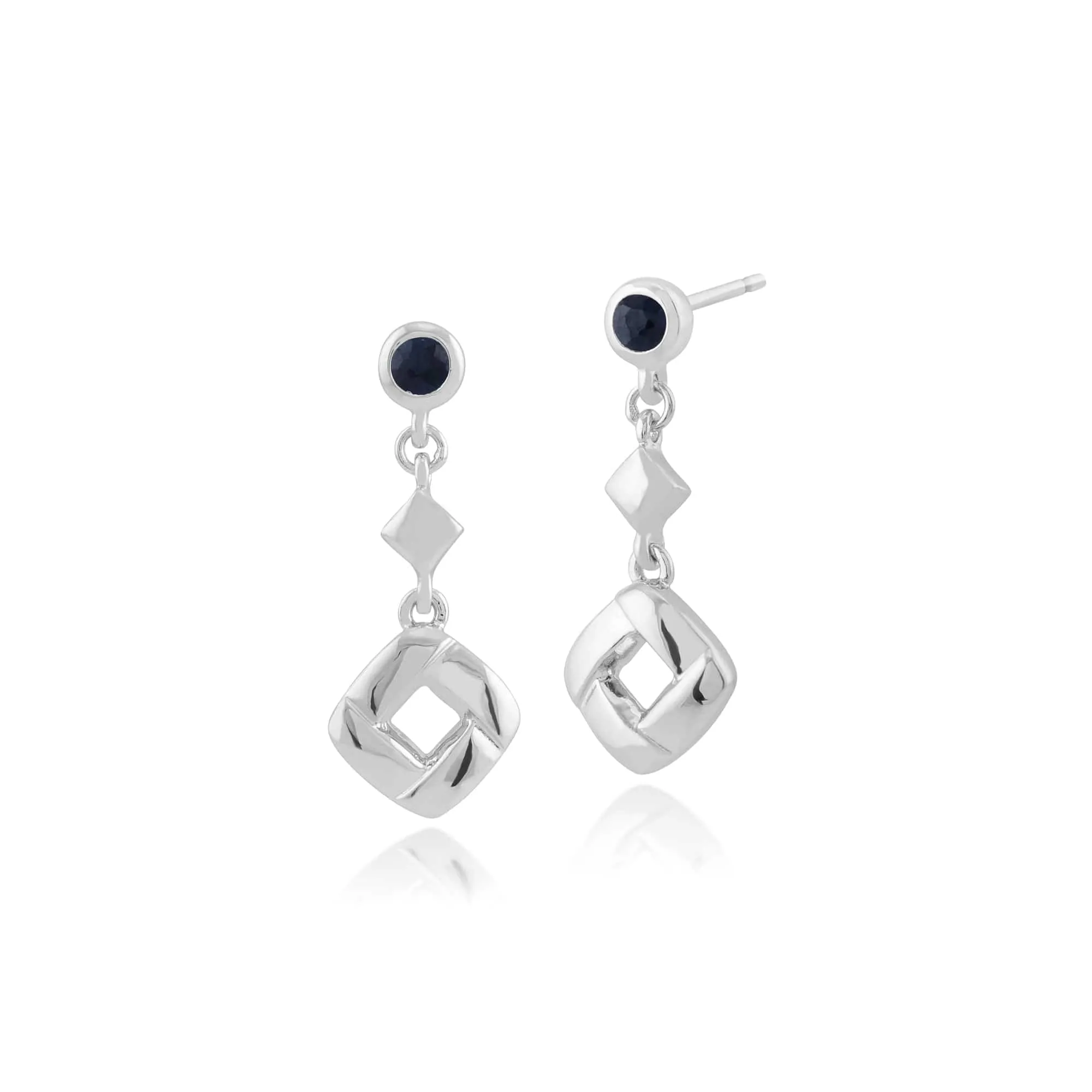 Classic Round Sapphire Square Crossover Drop Earrings in 925 Sterling Silver sold by Gemondo Jewellery