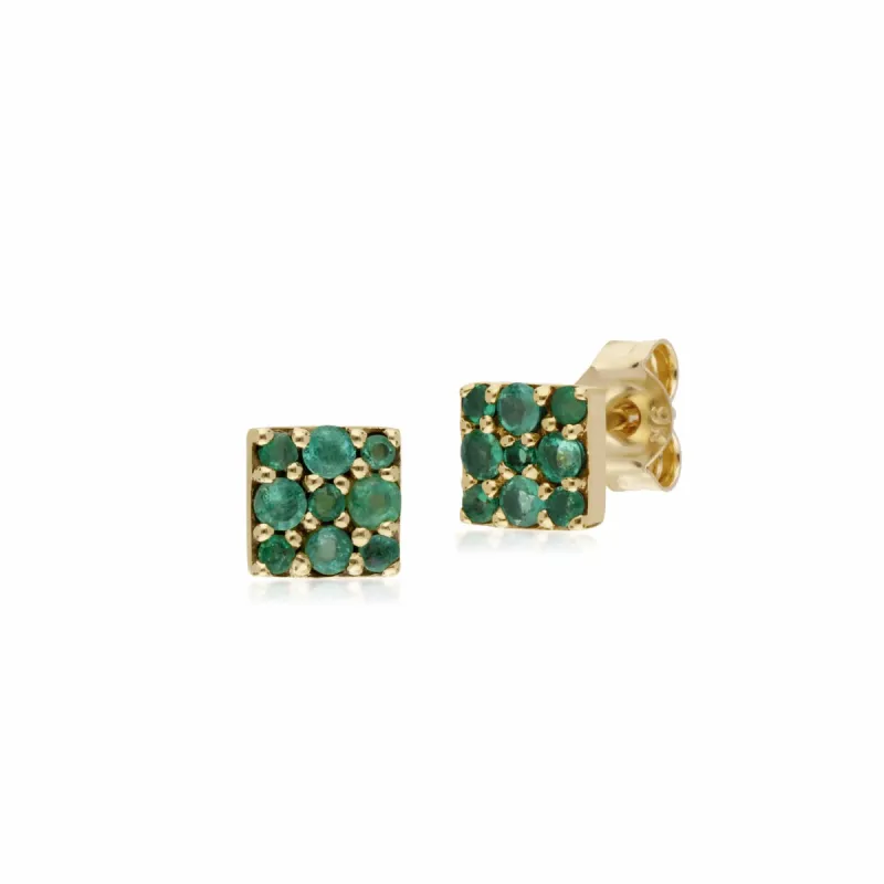Classic Emerald Cluster Square Stud Earrings in 9ct Yellow Gold sold by Gemondo Jewellery