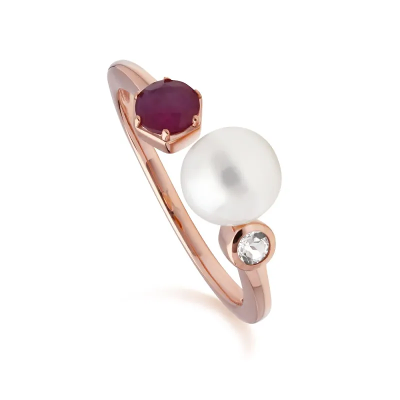 Modern Pearl, Ruby & Topaz Open Ring in Rose Gold Plated Silver sold by Gemondo Jewellery