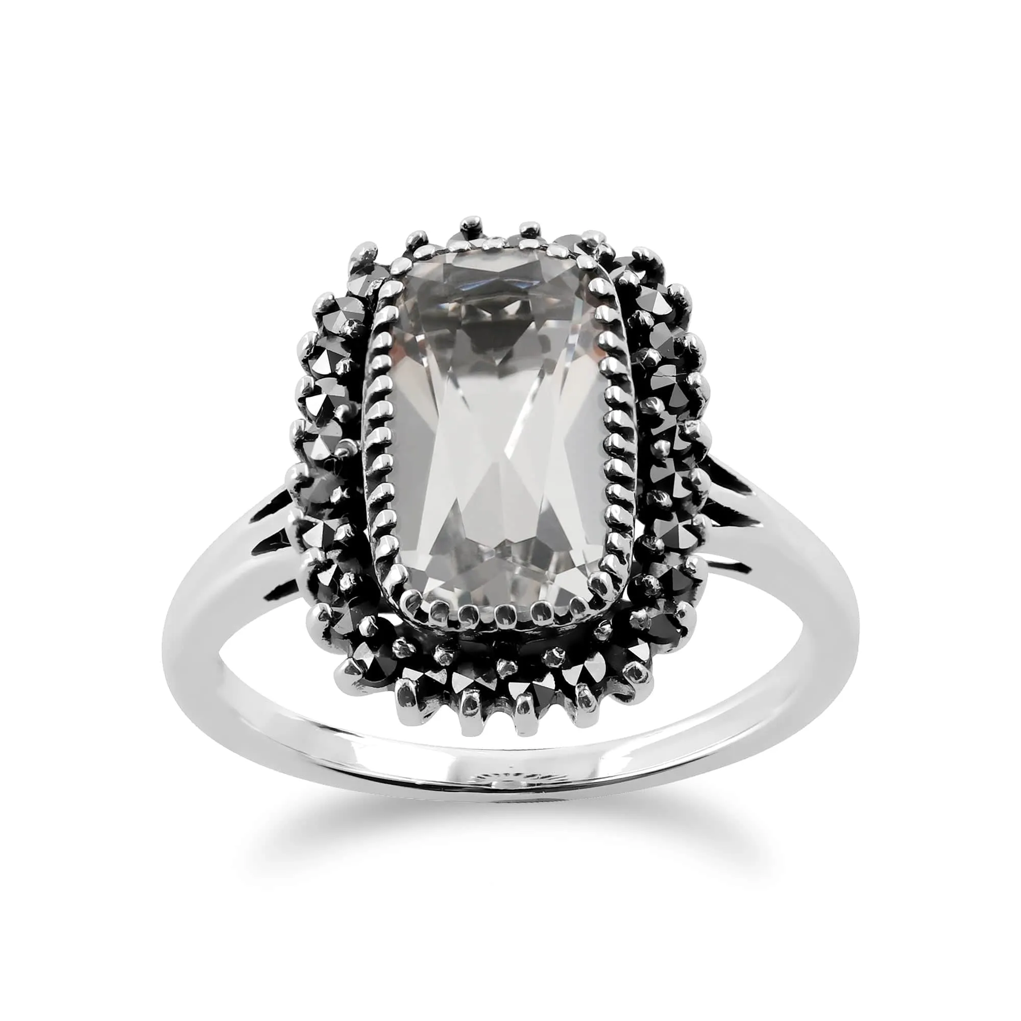 Art Deco Style Rock Crystal & Marcasite Halo Cluster Ring In Silver sold by Gemondo Jewellery