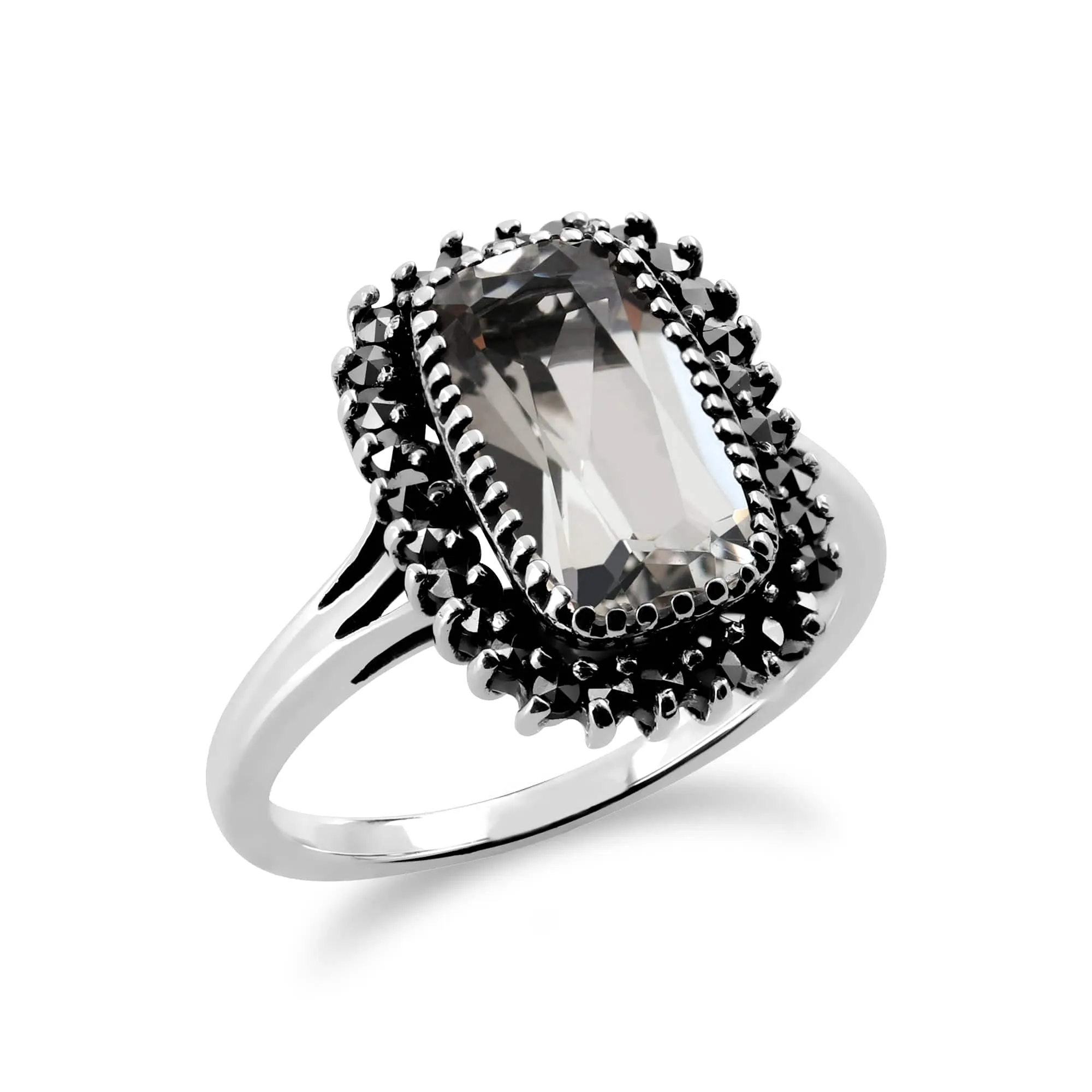 Art Deco Style Rock Crystal & Marcasite Halo Cluster Ring In Silver sold by Gemondo Jewellery product image thumbnail 4