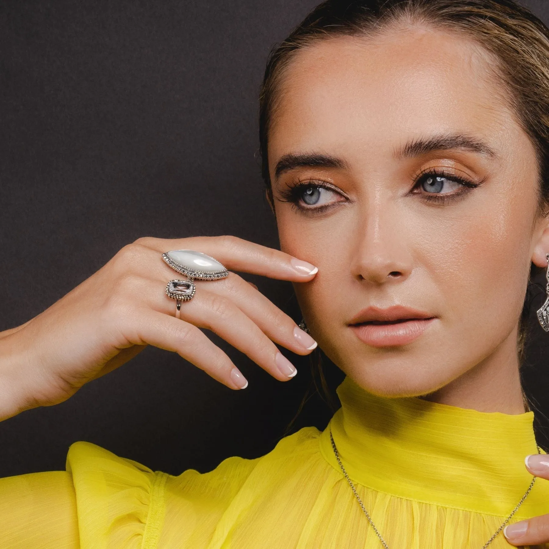 Art Deco Style Rock Crystal & Marcasite Halo Cluster Ring In Silver sold by Gemondo Jewellery product image thumbnail 2