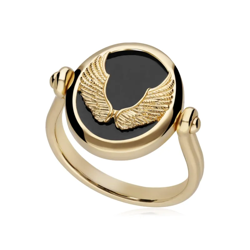 Zodiac Black Onyx Virgo Flip Ring in 18ct Gold Plated Silver sold by Gemondo Jewellery