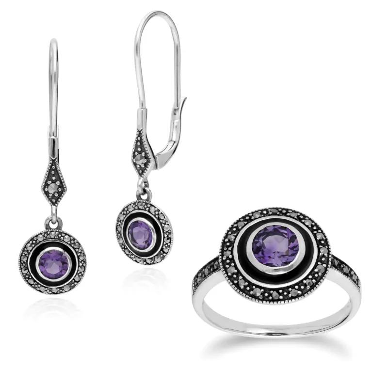 Art Deco Style Round Amethyst, Marcasite & Black Enamel Drop Earrings & Ring Set in 925 Sterling Silver sold by Gemondo Jewellery