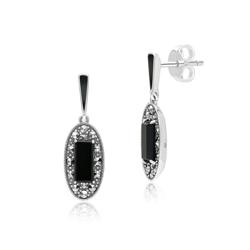 Art Deco Style Oval Onyx, Marcasite and Black Enamel Drop Earrings in Sterling Silver sold by Gemondo Jewellery