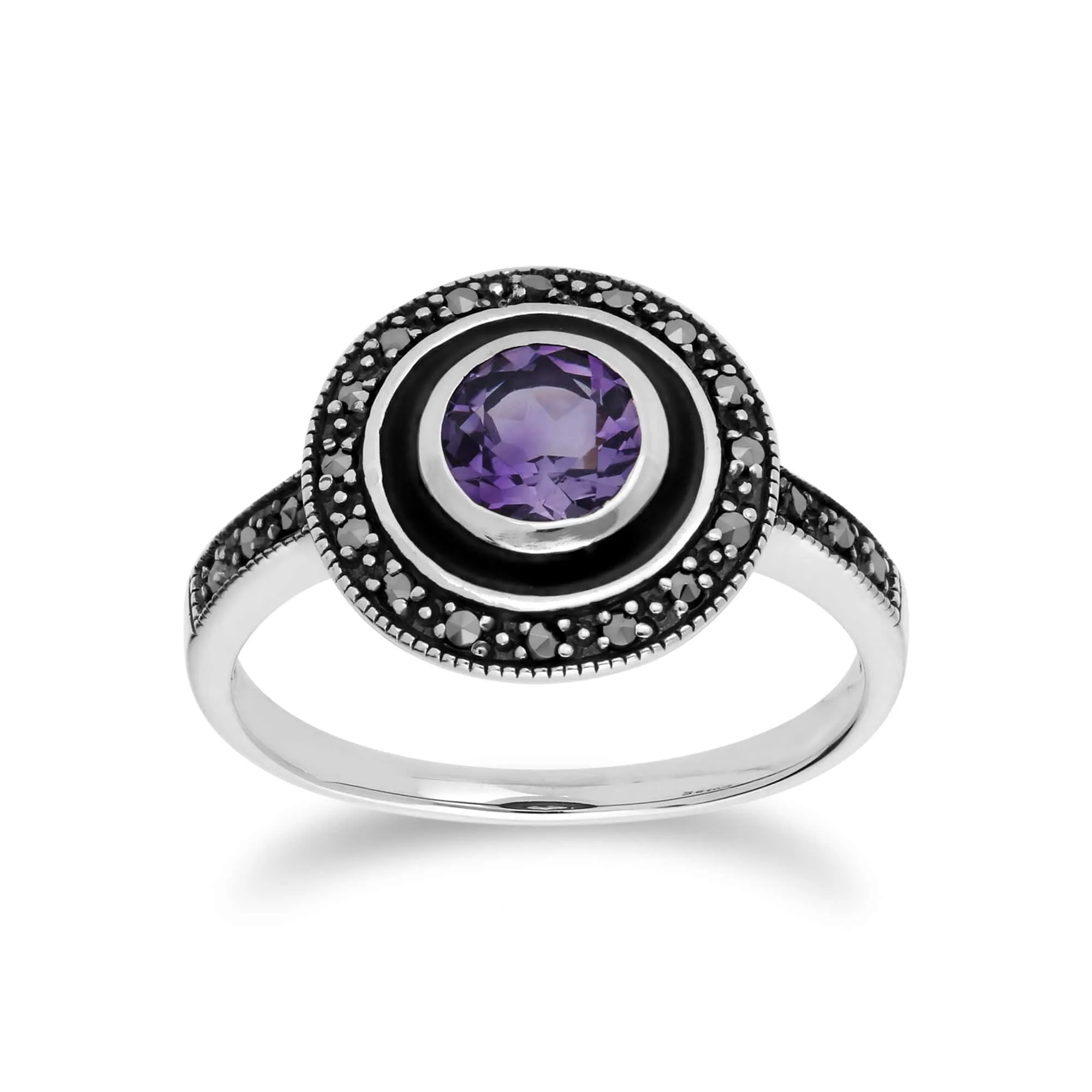 Art Deco Style Round Amethyst, Marcasite & Black Enamel Drop Earrings & Ring Set in 925 Sterling Silver sold by Gemondo Jewellery product image thumbnail 3