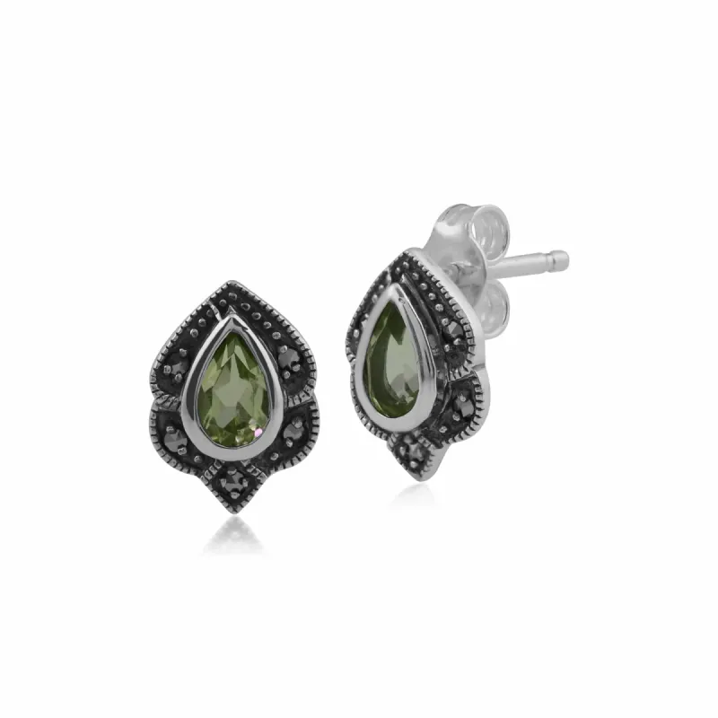 Art Nouveau Style Pear Peridot & Marcasite Leaf Stud Earrings in 925 Sterling Silver sold by Gemondo Jewellery