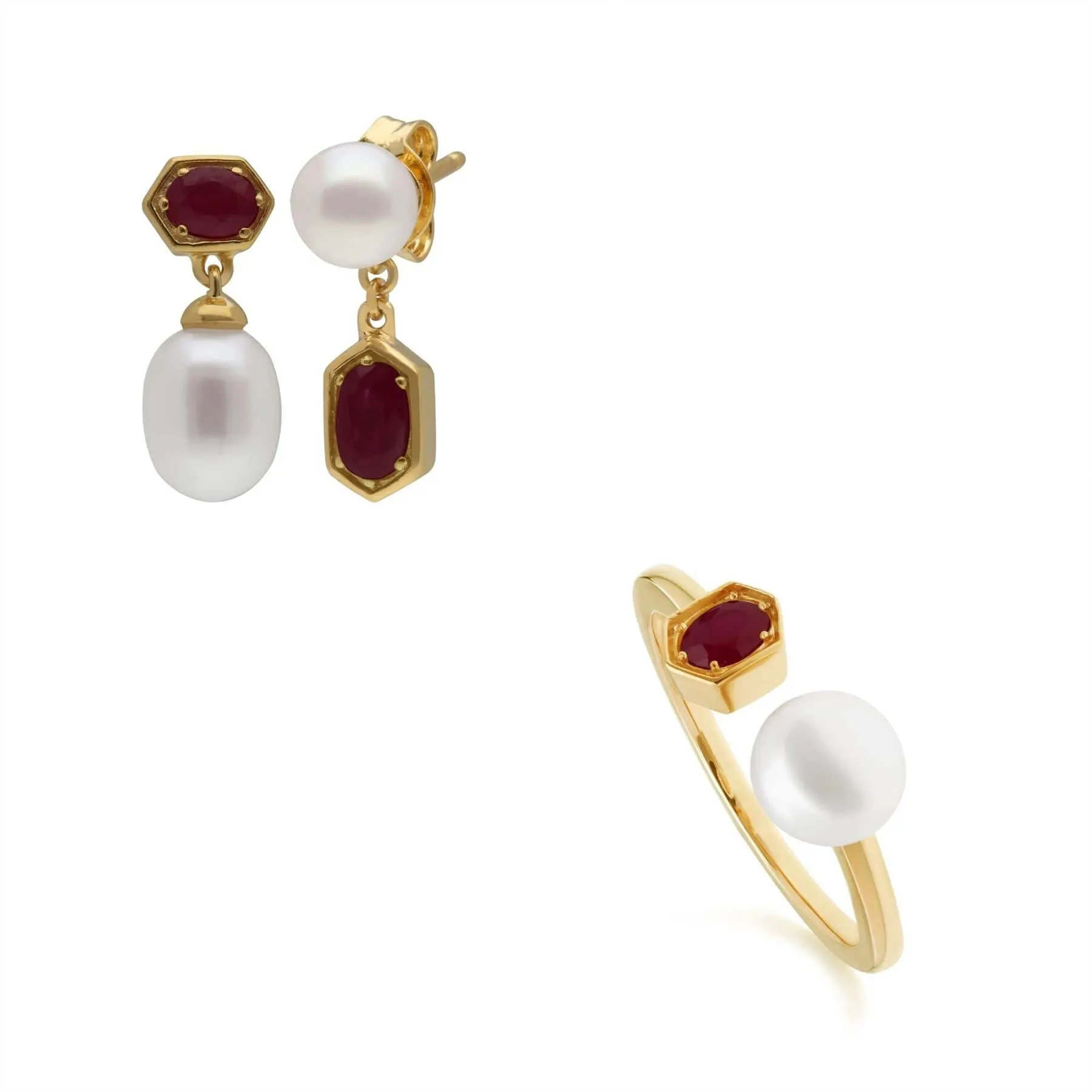 Modern Pearl & Ruby Ring & Earring Set in Gold Plated Silver sold by Gemondo Jewellery