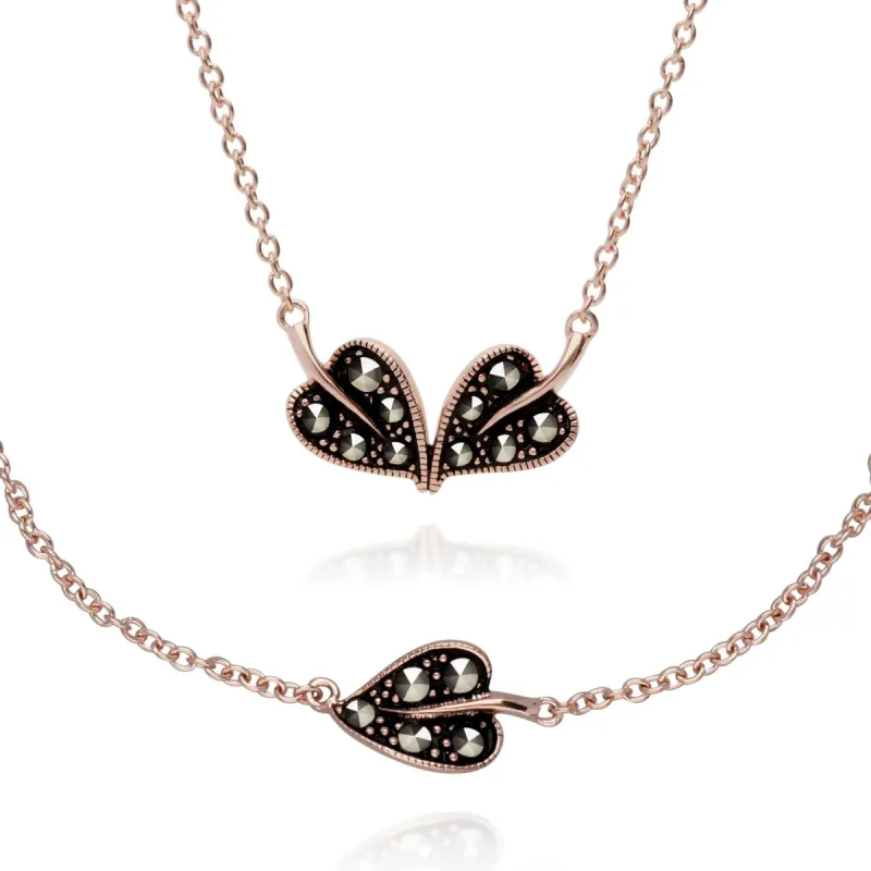 Rose Gold Plated Marcasite Leaf Bracelet & Necklace Set in 925 Sterling Silver sold by Gemondo Jewellery