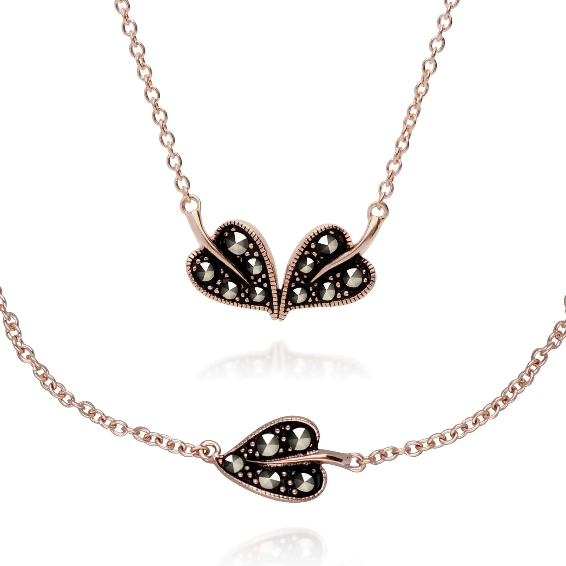 Rose Gold Plated Marcasite Leaf Bracelet & Necklace Set in 925 Sterling Silver sold by Gemondo Jewellery