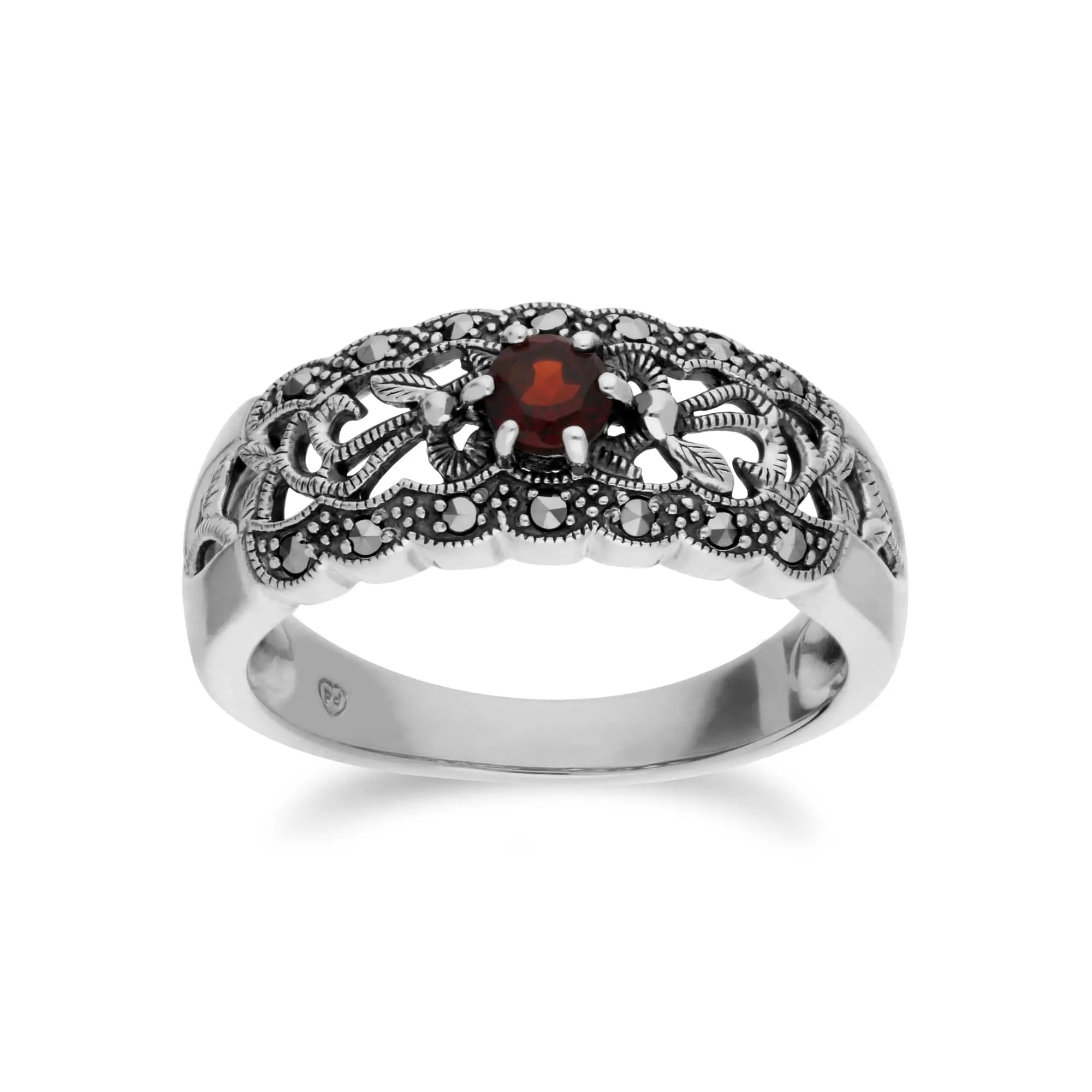 Art Nouveau Style Round Garnet & Marcasite Floral Band Ring in 925 Sterling Silver sold by Gemondo Jewellery