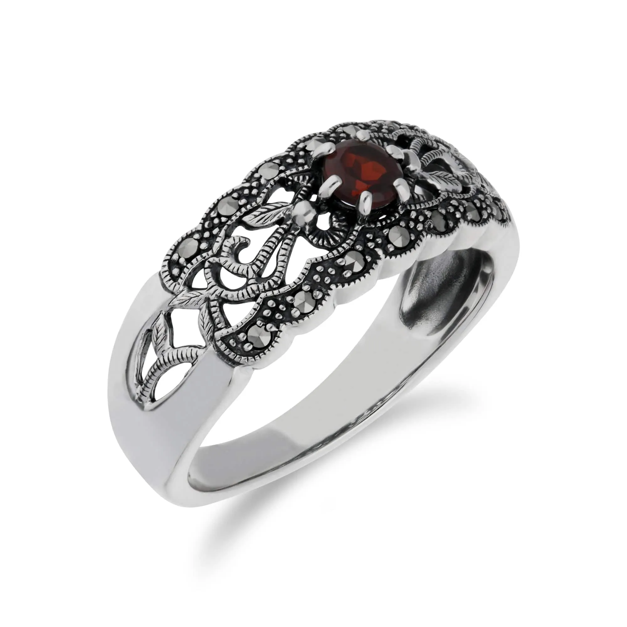 Art Nouveau Style Round Garnet & Marcasite Floral Band Ring in 925 Sterling Silver sold by Gemondo Jewellery product image thumbnail 3