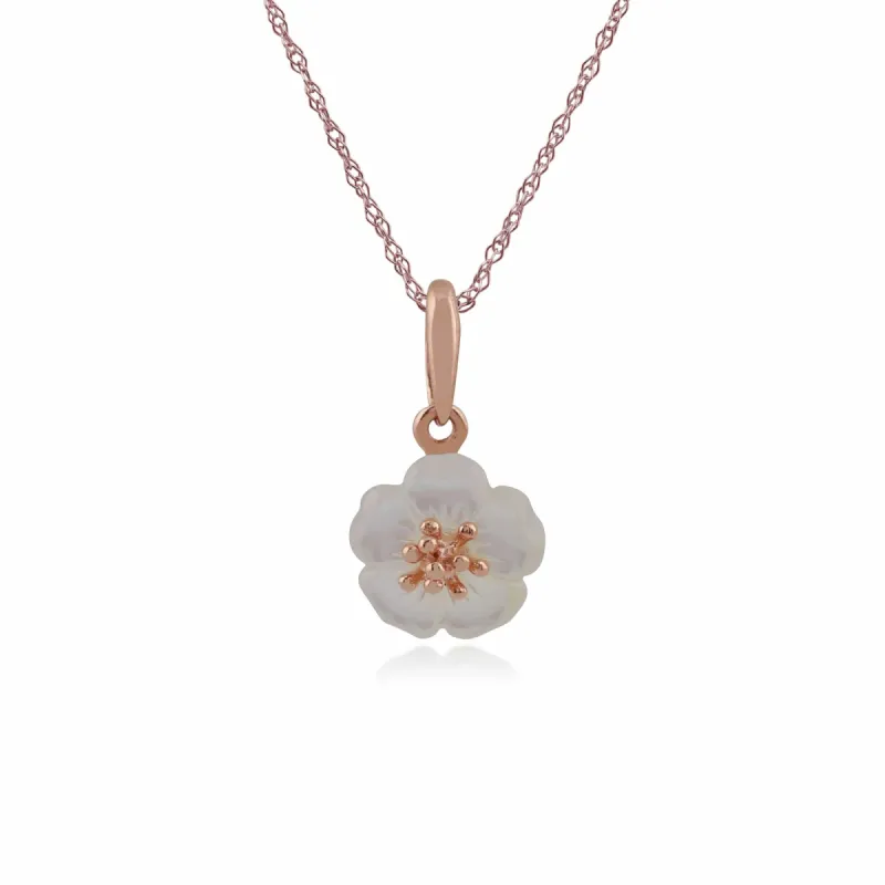 Rose Gold Plated Silver Mother of Pearl Cherry Blossom Pendant on 45cm Chain sold by Gemondo Jewellery