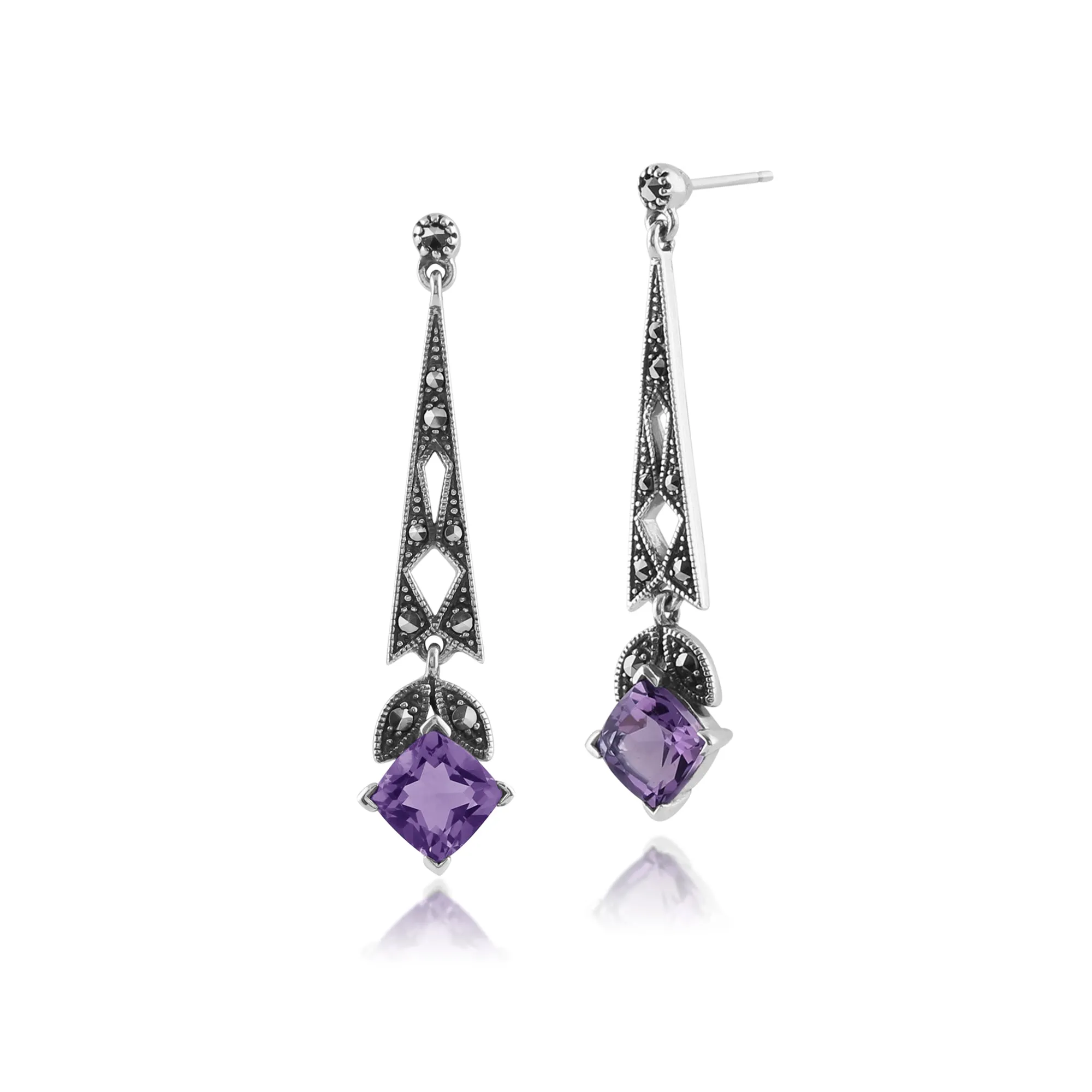 Art Deco Style Cushion Amethyst & Marcasite Drop Earrings in 925 Sterling Silver sold by Gemondo Jewellery