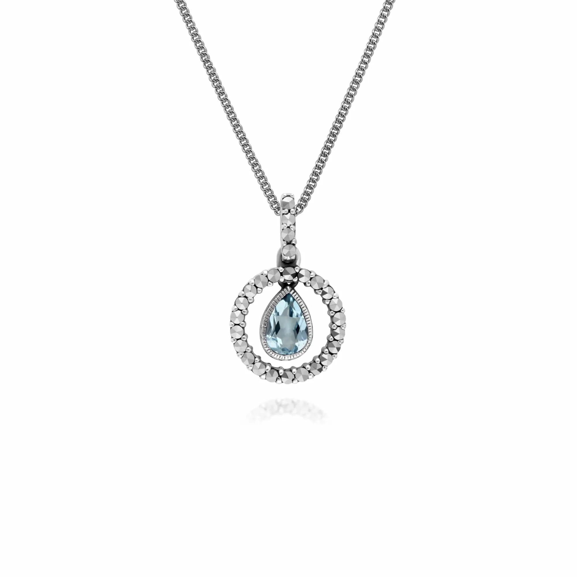 Classic Pear Blue Topaz & Marcasite Halo Pendant in 925 Sterling Silver sold by Gemondo Jewellery