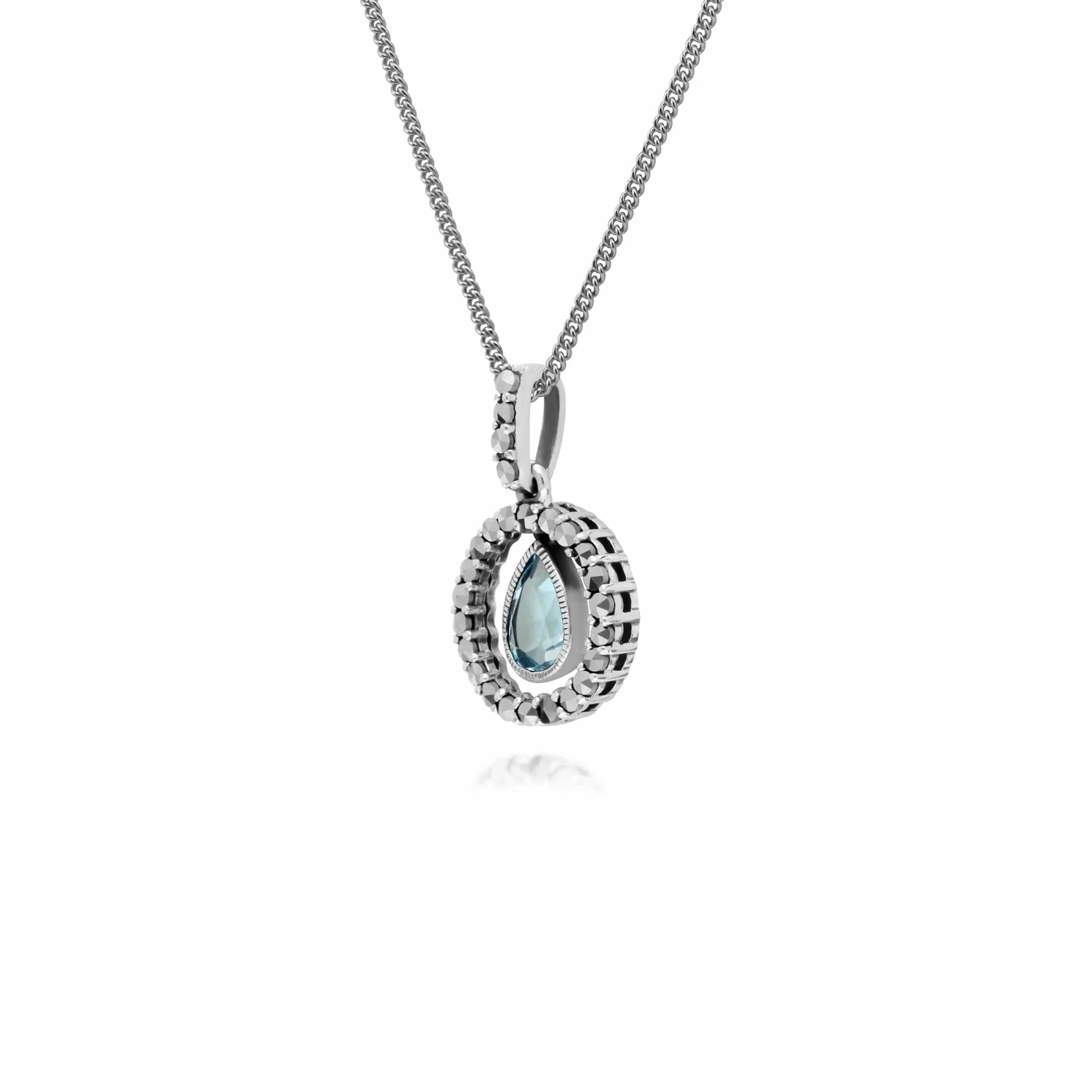 Classic Pear Blue Topaz & Marcasite Halo Pendant in 925 Sterling Silver sold by Gemondo Jewellery product image thumbnail 2