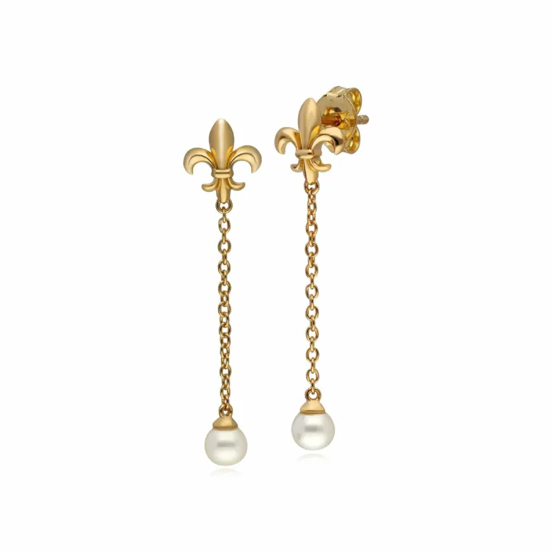 ECFEW™ Pearl Fleur De Lis Chain Drop Earrings In 9ct Yellow Gold sold by Gemondo Jewellery