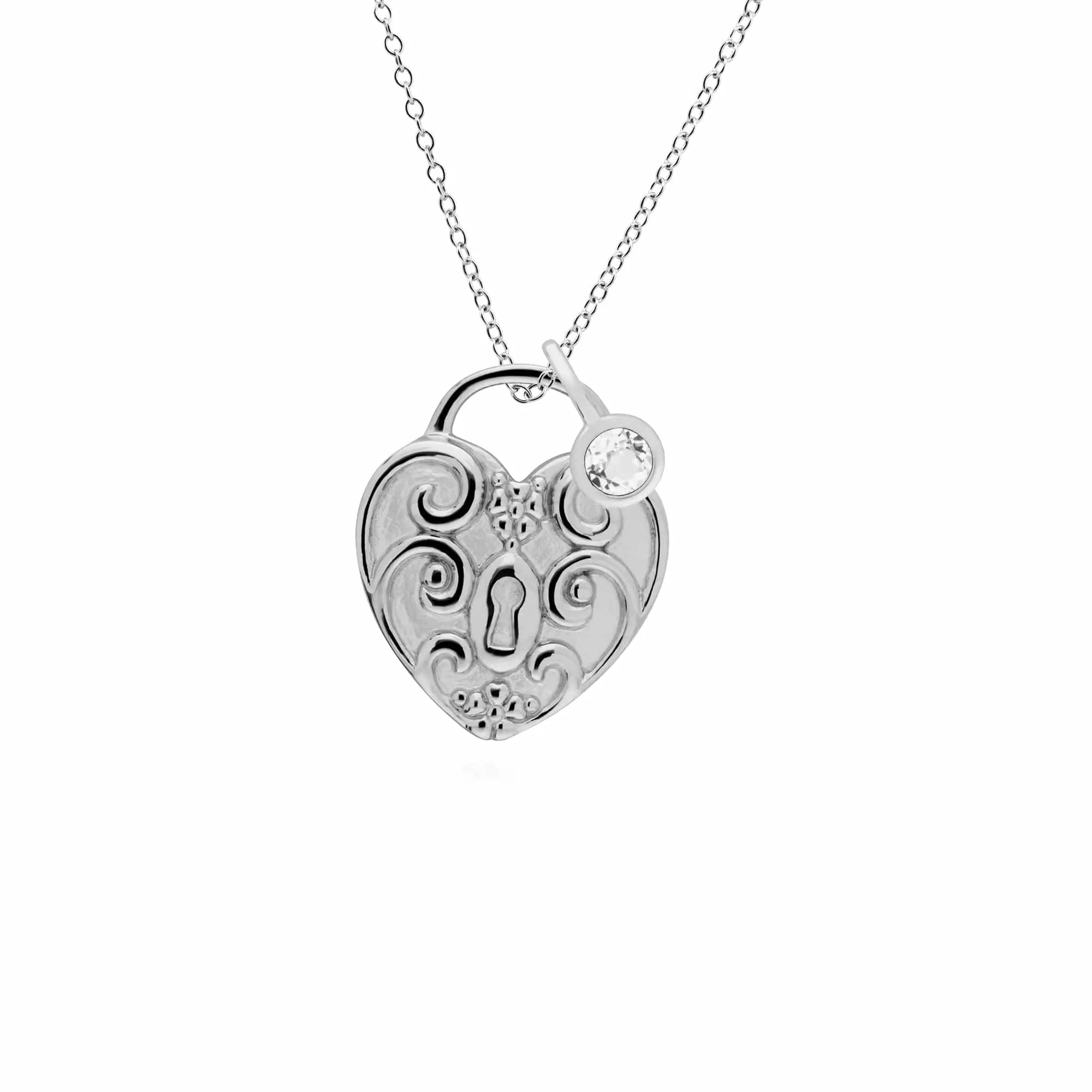 Classic Swirl Heart Lock Pendant & Clear Topaz Charm in 925 Sterling Silver sold by Gemondo Jewellery
